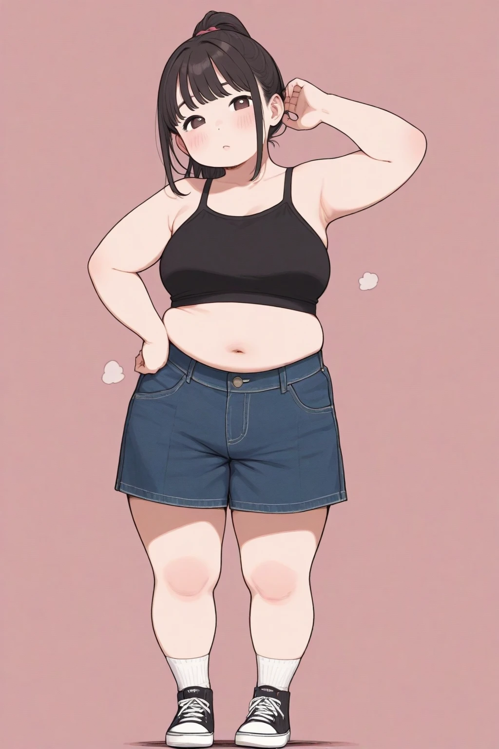 ((highres)), Masterpiece, high quality, best quality, beautiful, perfect lighting, detailed face, ultra cute face, ((1girl)), ((solo), short fluffy brown hair, green eyes, ((blush)), sweet smile, looking at viewer, arms behind back, standing in a park, (park), daytime, crop top, shorts, (((thick thighs))), (wide hips), cleavage, (small breasts), (chubby), 20 year old female,