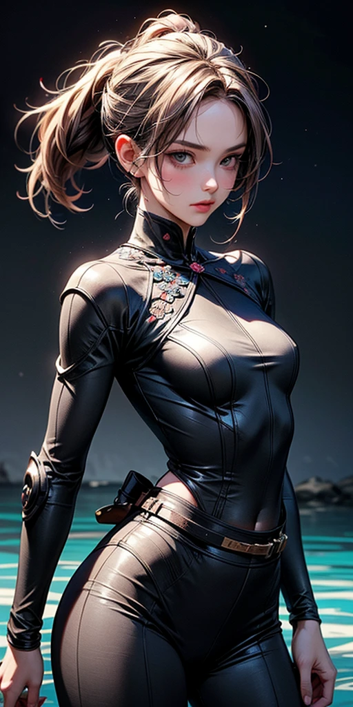 8K, Best Quality, Masterpiece, Ultra High Resolution, 1 Cyberpunk Girl wearing Harajuku tech jacket with corporate logos, skintight body armour, full body shot, Beautiful Eyes and Face Details, Masterpiece, Best Quality, Master Work, Excellent Details, High Quality Painting Details, Breath-Breathing Absolute Beauty, Collarbone, Slender Neck, Long Eyelashes, Sweet Eyes, Dynamic Angle Problem Extreme Picture Quality, Charming Smile, Glossy Lips, Supple Fair and Translucent Skin, Rich Details, Bright Colors, Strong Contrast, Soft Light Effects, Clear Outline, Streamlined, Charming smile, sparkling eyes, perfect body proportions, slender waist, large breasts, cleavage.