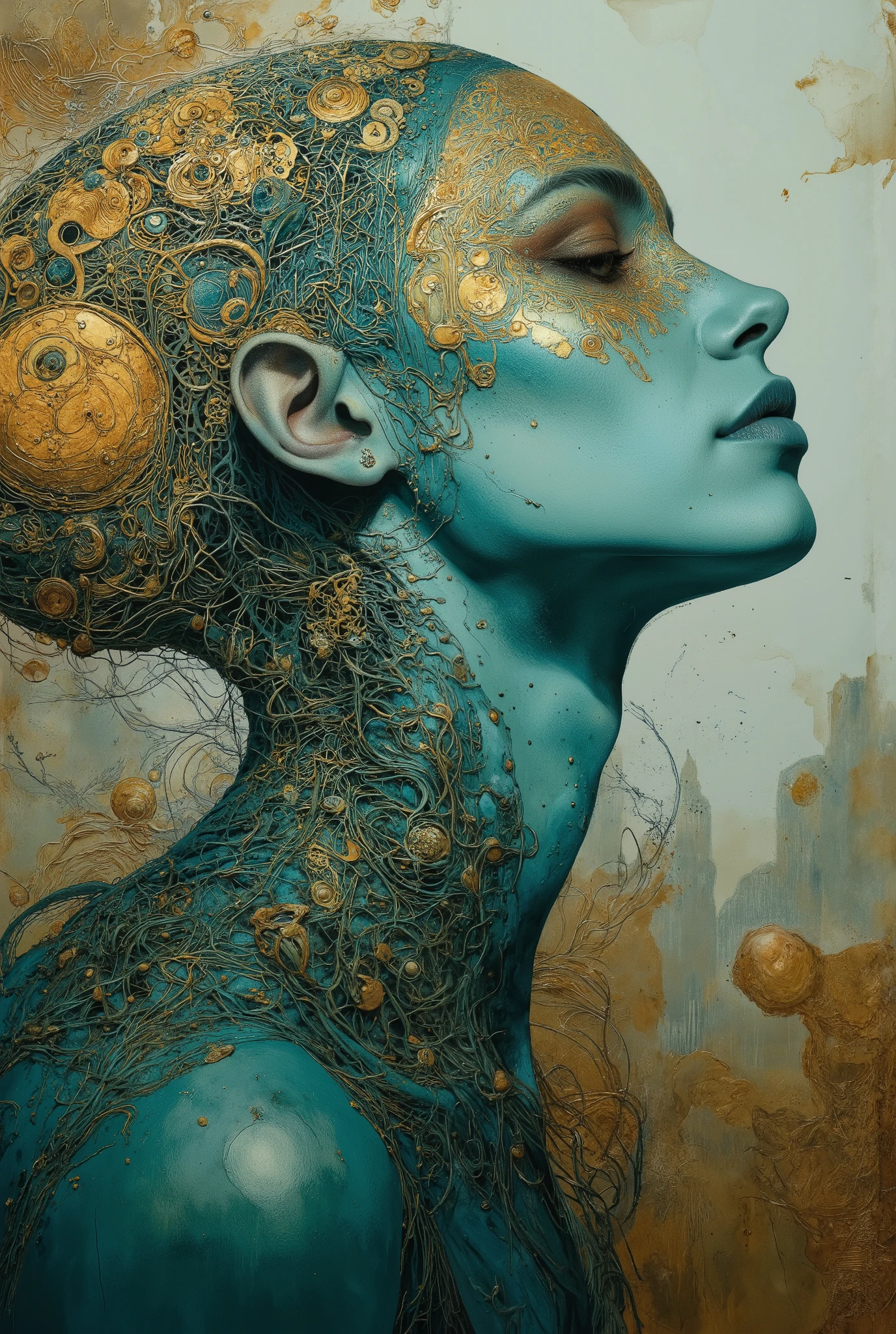Face fitting full the canvas composed a world like a crazy dream on wastelands beyond fantasy, horror movie scene, dark deep blue and golden yellow, 4D, 8K, photorealistic, dreamlike, big and complex composition storytelling, masterpiece, artwork by Beksinski, artwork by Bernie Wrightson, artwork by Jeremy Mann, Surrealism, Impressionism
