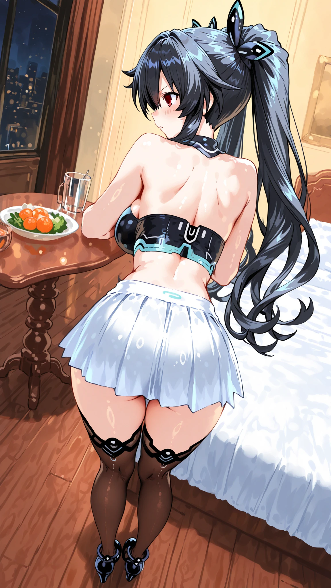 Iroha、super breasts、thick thighs、long black hair、8K, 4k, highest quality, High resolution: 1.2)、cute anime face、noise removal、maid、和風maid、black leotard、full body portrait、Leotard that bites into、Japan holding a sword、sandals、blue eyes、Black long tights、gentle smile、white kimono、T-back that digs into your butt、emphasis on the buttocks、Serving food、Japanese garden