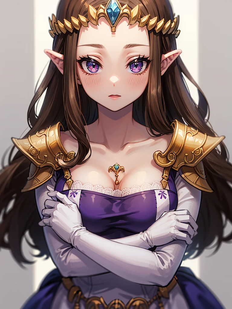 (((Face close-up))),(((No background))),(Expressionless),(((Please place your hand on your chest)))))),((Upper Body)),((alone)),(())),Anime art style,masterpiece,(Highest quality), (Super detailed),(Very delicate and beautiful),(alone),(detailedな顔と目),Beautiful eyes like jewels,(A truly gorgeous jeweled ruffled rococo ball gown dress),(((Mature Woman,Queen))),((1 Queen in a beautiful embroidery and jeweled absolutely gorgeous rococo ballgown dress with voluminous full length hoop skirt)),((crinoline)),,((Straight hair galore,Very long straight hair with plenty of volume,Super long straight hair)),,Cleavage,(bed),length_gloves,Very gorgeous hair accessories、((((front)))),((((Adult Expressions)))),((((Beautiful Face)))),((((dress)))),(()),(((Long Hair)))),((((Straight hair)))),((Cleavage)),((((Dark brown hair)))),Princess Zelda,((chest is slightly exposed)), ((Highest quality)),,(Very detailed) ,((Purple Blouse)),(((Raking up hair with one hand))),Brown Hair,(()),, ((Highest quality)), (Very detailed),((detailed)),((())),Nintendo, The Legend of Zelda),,((alone)), ((Highest quality)), (Very detailed), ,
