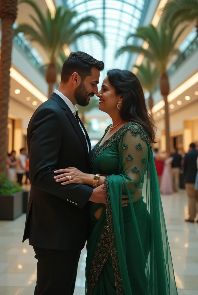 Beautiful pakistani 25 year old girl and man in l classy dress, 8K, sharp image, dynamic couple pose, big hips, looking at the viewer, shot from behind