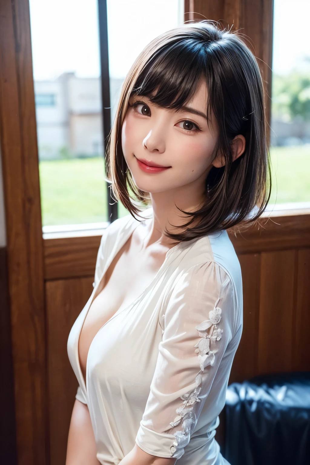 masterpiece, Highest quality, 8k,Ultra-high resolution、Head to knee photo、 20th Generation, Small breasts, cute, alone, smile、cute, Girlish, cute、Delicate girl, Pure beauty, RAW Photos, Professional photography, Soft Light, Professional Lighting, Backlight, avert your eyes, Sophisticated, Film Grain, (Eye and facial details:1.0), Floating Hair、Short Bob、,Asymmetrical bangs, Round face、Young Face、((Leaning forward))、(Large Breasts:1.4)、Her cleavage is visible、Nipples are visible:1.8,、((lightweight white blouse、The button is off))、Voluptuous thighs:1.6、Translucent white skin、dolly make、(Heterochromia iridis、The left and right eyes are different colors)、whole body