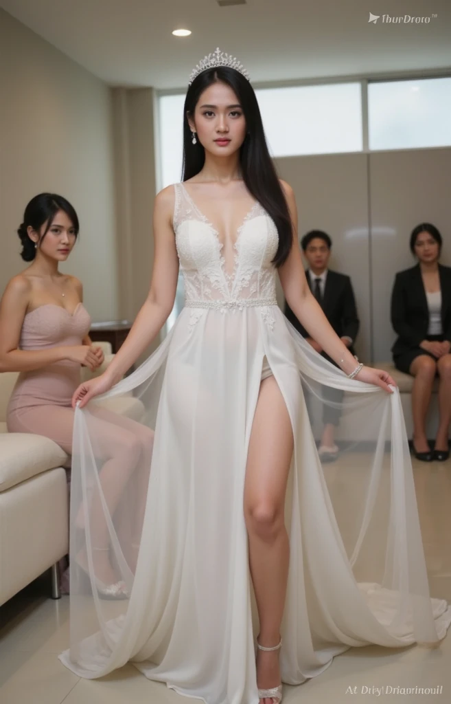 ((highest quality)), ((masterpiece)), (detailed uniform), perfect face、(detailed five fingered hand)、(((Walking the runway in a topless wedding dress))、full body shot、slender body、smile