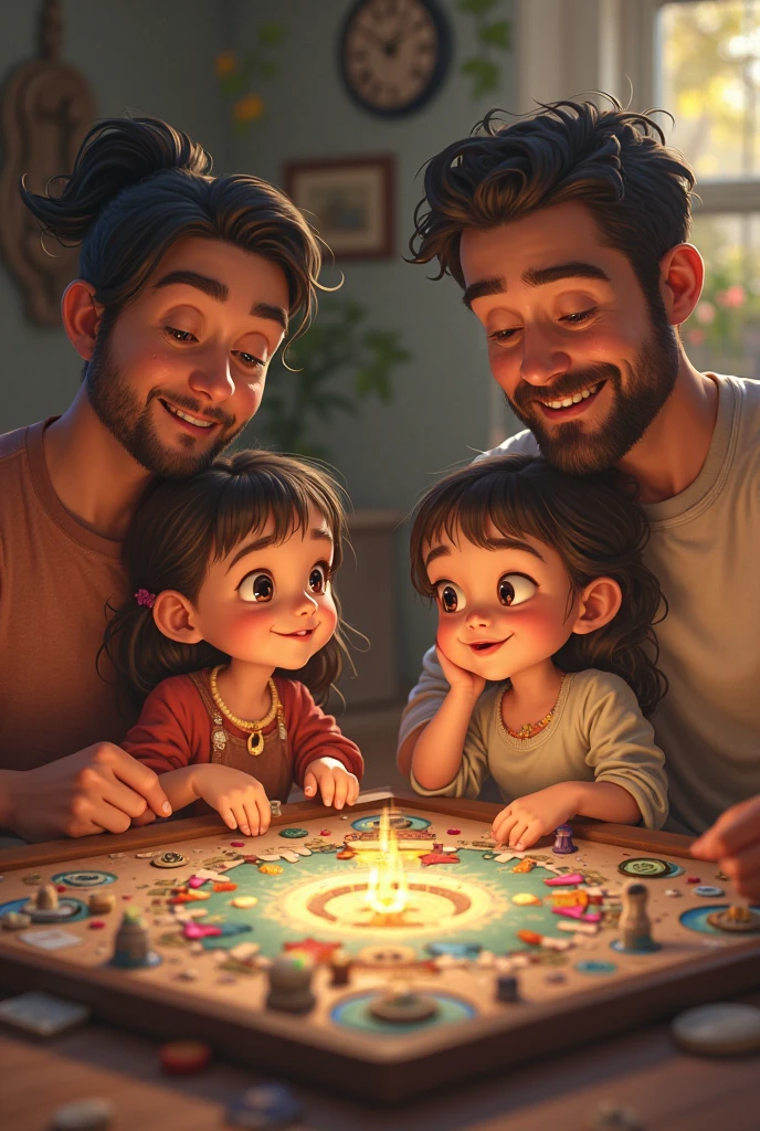 Extremely handsome royal dad at home with four kids eating popcorn. He has short hair, short black beard and wears tattoos. The children are three girls and one boy. 