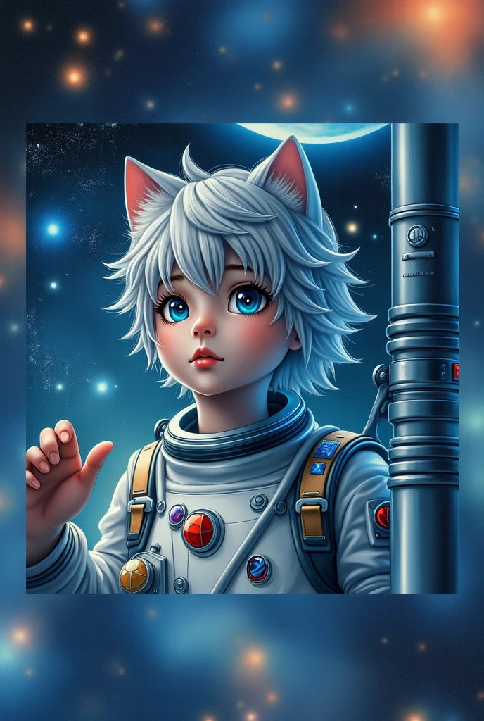 attractive boy,medium white hair,white eyelashes and blue eyes in which a star reflects ,lion ears and tail,with my little pony clothes