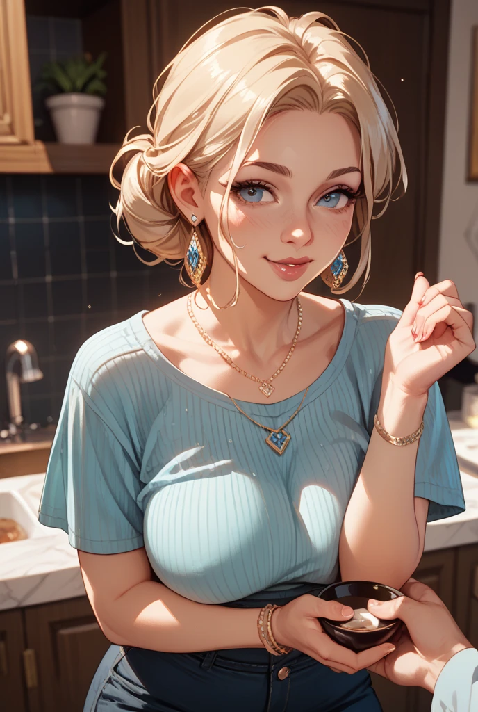 (dreamlikeart style:0.5),( redshift style:1.1),(analog style:1.1), (studio_ghibli_anime_style style:0.9), (copeseethemald style:0.8), glossy,

[Margot Robbie|Ta Leoni], woman, 1girls, solo, detailed face,  symmetric, cute,  plunging neckline,  small breast, lips,
blue eyes,realistic pupils, closeup,

blond hair,
dark buttoned shirt, white mini skirt, skirt pleated, skirt,
thigh high clips,

centered, looking aside, standing, centered, skin pores, subsurface scattering, detailed skin, midriff,

modern house, furniture, table, kitchen,  detailed background, items,
realistic proportions, blushing,

masterpiece, best quality, realistic, hyperrealistic,  sharp focus, absurdres, good anatomy,