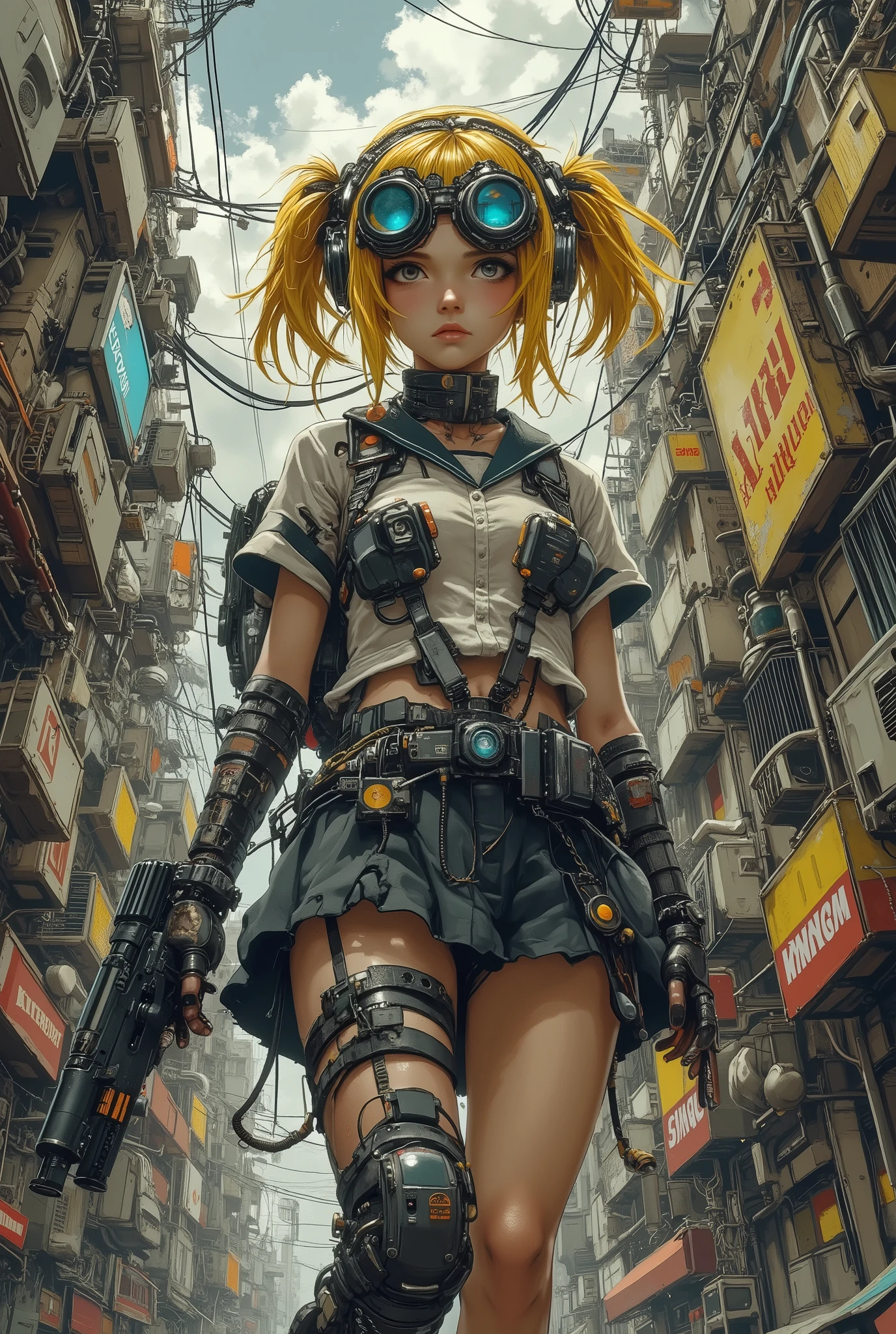Cyberpunk steampunk art, kawaii schoolgirl, Goggle glasses on her forehead, armed with a machine gun, short-armed sailor uniform, mini skirt, Knee-high socks, thick-soled high-tech sneakers, Yellow hair in two ponytails, extreme perspective, low angle, Dutch angle