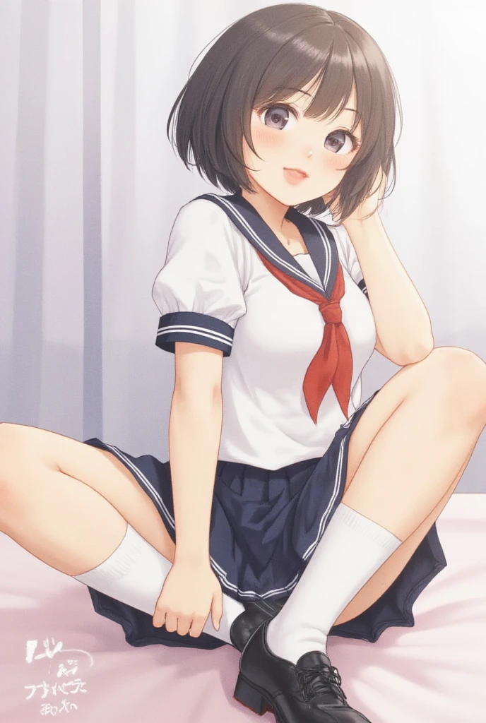 With facial expression★　　nsfw, (spread pussy:1.3)、（masterpiece:1.3), (8k, Photorealistic, RAW Photos, Best image quality: 1.4), Japanese, (1 female), Beautiful Face, round face,A little small chin (A vivid face), (Rounding short:1.3), Beautiful hairstyle, Hair fluttering in the wind、Realistic eyes, Beautiful Eyes, Slightly sleepy eyes、(Realistic Skin), Beautiful Skin, Charm, Ultra-high resolution, Surreal, Attention to detail, Golden Ratio, Detail Makeup,Seeing the viewer,Small breasts、Thin pubic hair、(Baby Face:1.2)、Sailor suit、Light freckles、(whole body:1.37) 、１４age、cute、information、Full body shot,embarrassed,blush、jitome, wet eyes, troubled eyebrows, round mouth、
