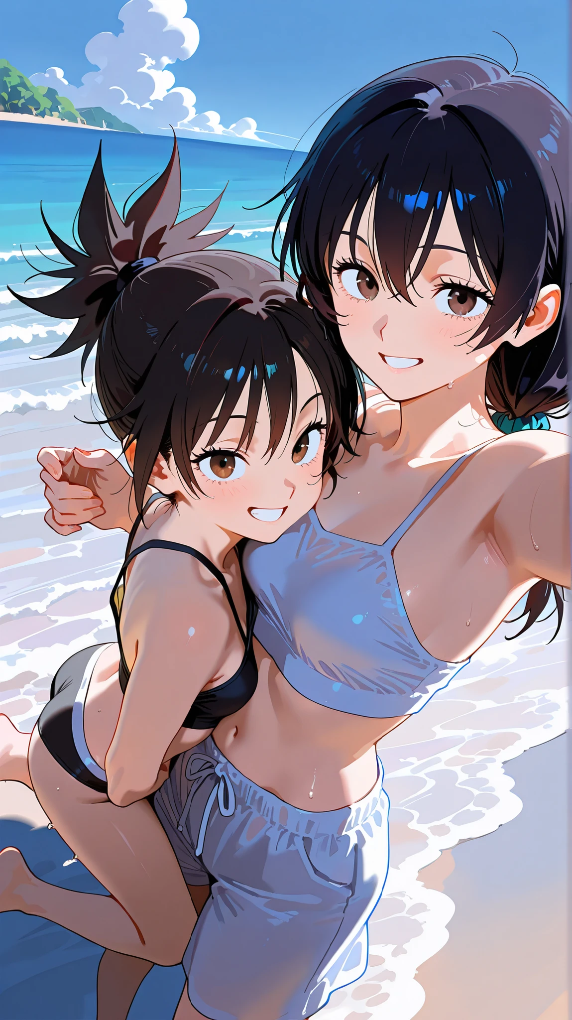 front view,2girl,Beautiful girls aged 13 and 13,two people standing side by side,Japanese,Small and slim,Flat Chest,Small breasts,Baby Face,Small face,Row Twin Tails,Black eyes,Drooping eyes,middle School girls,Micro Bikini,open mouth,tongue out,front face,Kneeling and sitting,Beautiful and detailed anime art,Mischievous smile,front view,high angle, looking at viewer, looking ahead, from above,face focus,Sexy vibe,cum on tongue,Dimly lit room,On the bed