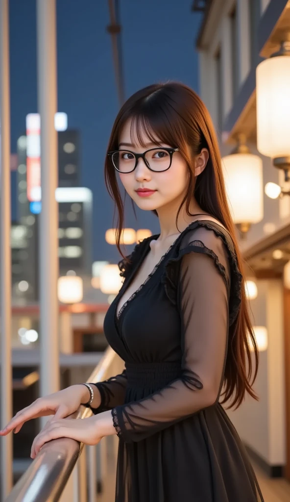 （wears glasses）、nighttime scene、skytree、a smile、absolutely outstanding image, very extremely beautiful、​masterpiece, top-quality,a picture, kawaii、(Colossal tits:1.2)、,8K,Japan girl realistic young idol、Young cute gravure idol、Young Sensual Gravure Idol、Young gravure idols、model in Japan