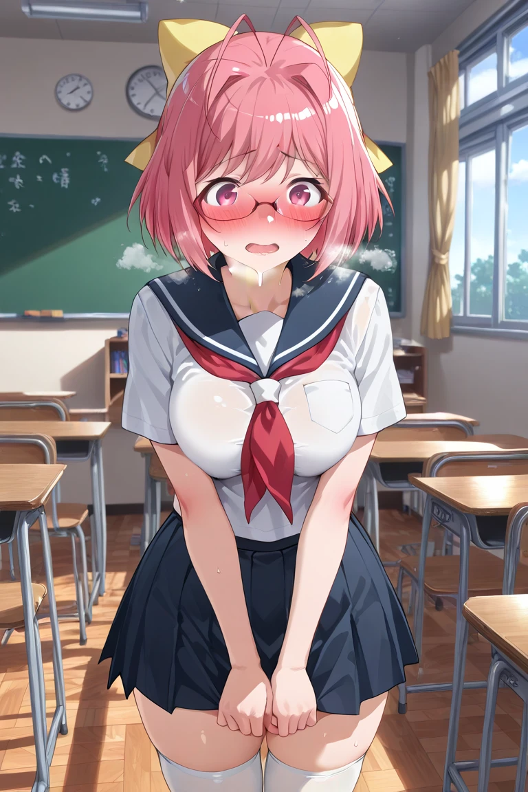 debris flieasterpiece、highest quality、Super detailed、High resolution、High resolution、8K portrait、Unity 8k壁紙のHigh resolutionCG、unity 8k wallpaper、cute:1.5、:1.5、Highly detailed CG unity 8k wallpaper、realistic、real person、cute、 portrait photography、shiny skin、High resolution、Orange bob hair、(16 years old:1.2)、(1 girl)、(classroom:1.6)、(school uniform),perfect face, seriously, (blush:1.5),(((clothing lift:1.5))), (medium breasts:0.8),(((I have nipples))) ,Detailed description vagina,show vagina,spread legs,spread ,((vaginal orgasm:1.7))、green hair band