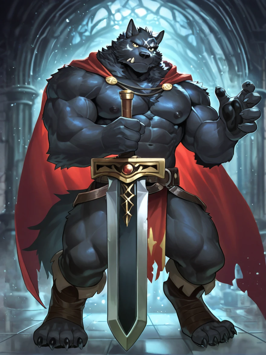 by sligarthetiger, by snao, (muscular), (bulge), (tall), (abs), (wide hips), (thick thighs), (big butt), male, furry, anthro, canid, canine, canis, wolf, high heels, best quality, illustration, tail, thigh high boots, skimpy armor, choker, platform heels, piercings, long hair, shadow, sword, leg armor, arm gauntlets, armor, chest armor, unconvincing armor, ineffective clothing, long sword, chest armor, torso armor, scars on body, steel bikini, intimidating, high quality, illustration, iron armor, scars, scar, castle, chest tuft, fur cape, earrings, gothic, raining, night, black hair, scars on face, scars on chest, scars on legs, scars on arms, black body, blue eyes, large sword, silver armor, grey inner ear, black sword, muscles, dark black body, black fur,