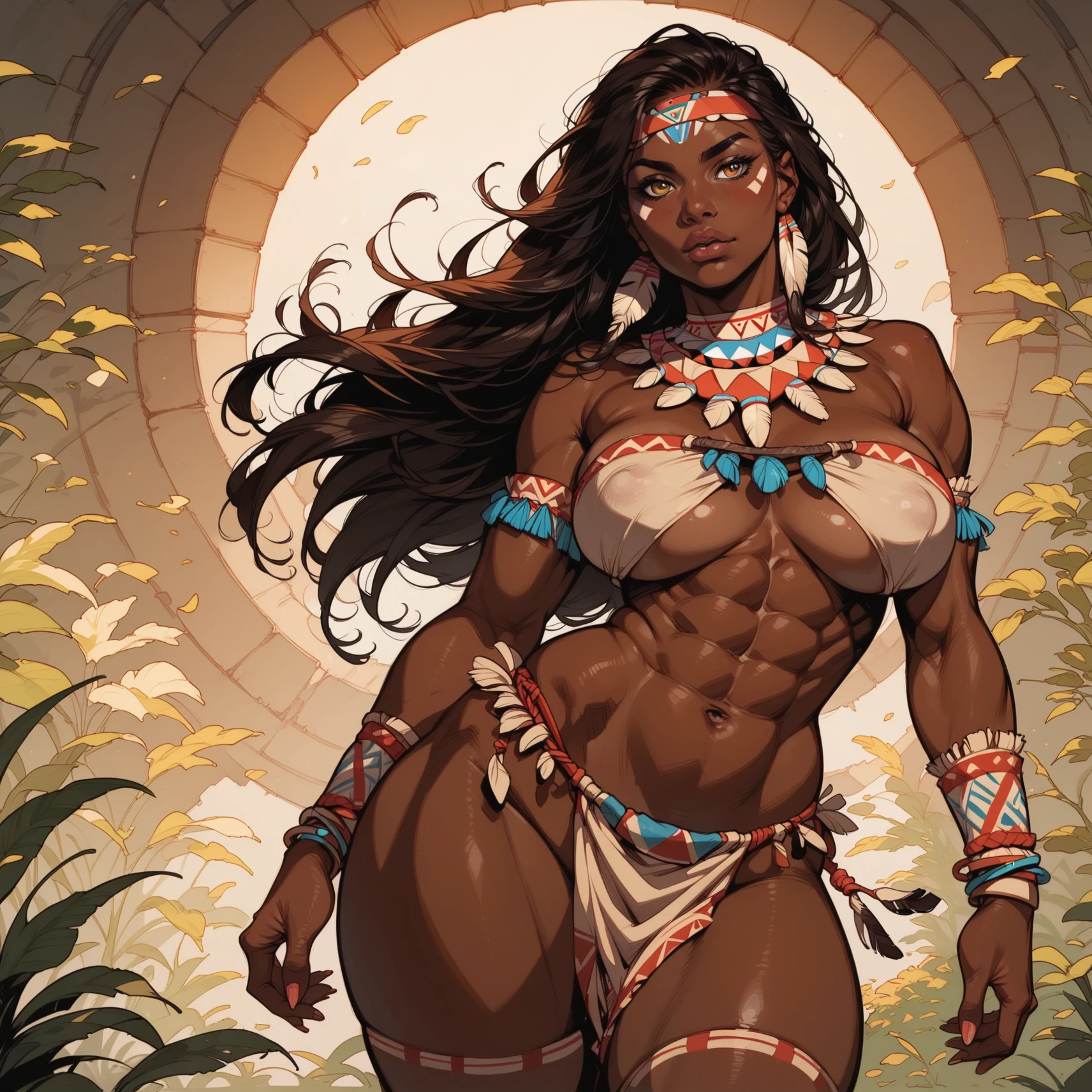 (((Simon Bisley))), (((Frank Frazetta))), ((((absurdists))), (((best quality))), (((masterpiece))), muscular 35-year-old African woman, Zulu warrior, war paintings by body, perfect and proportioned body, black-skinned savanna warrior wearing very few clothes and many necklaces and adornments by the body, shaved hair, tiny bikini made of African beads, holding a spear and walking through the savannah, dry vegetation, very hot, she is sweaty and her black skin glows under the scorching sun of Africa
