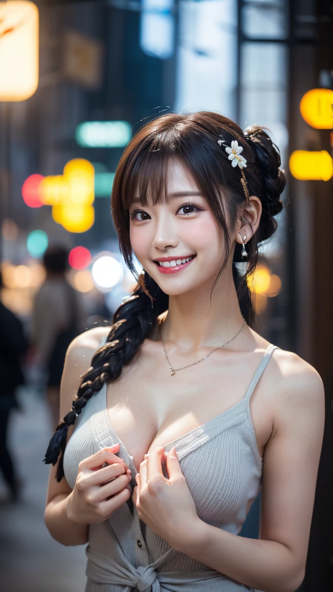 (Highest quality,masterpiece:1.3,Ultra-high resolution),(Very detailedな、Caustics) (Photorealistic:1.4, RAW shooting、)Ultra-Realistic Capture、Very detailed、Natural skin texture、masterpiece、(Embroidered sequined cheongsam:1.3)、1 Japanese girl、Adorable expression、Expressions of Happiness、14 years old、Young Face、Surprisingly cute、Twin tails、Curly Hair、Black Hair、Scrunchie、Earrings、necklace、light makeup、A big bust that seems to burst、Bare arms、This photo was taken in front of a sex shop in the downtown area at night..、Shining thighs、Shooting from the side、smile、An inviting gaze、((Big Breasts))、(Cleavage)