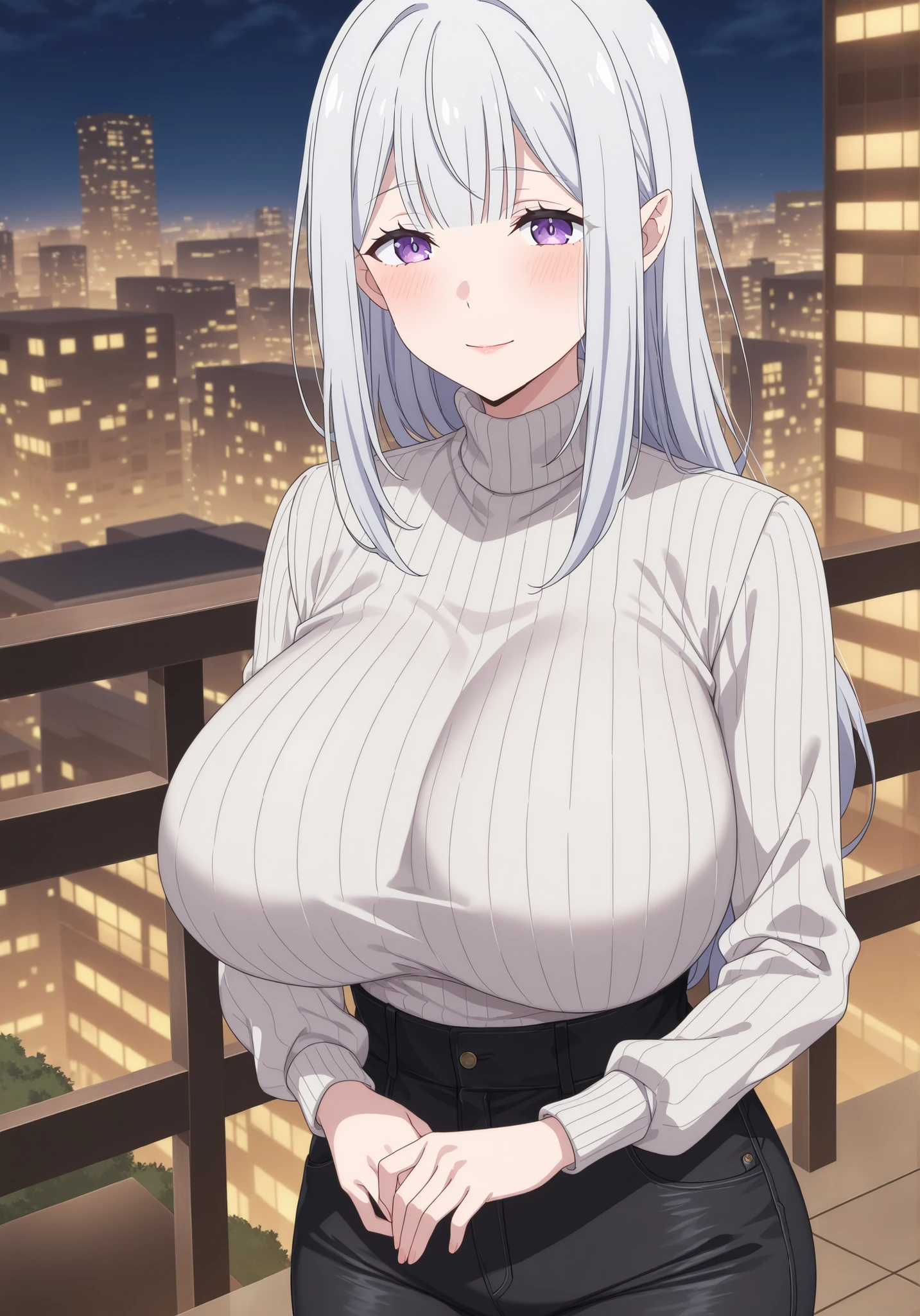 score_7_up, anime screencap, Solo, adult ReZero, long dress, Satella, 1girl, Anime, 1girl, Mature Female, pointy ears, blush, silver hair, long hair closed mouth, light smile, lips, purple eyes, Sexy, outdoors , front view detailed body, ( high waist jeans, turtleneck sweater, black pants,) huge breast, City,