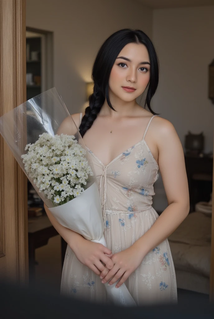 Blue dress holding a bouquet of flowers, princesa, usando um vestido lounge azul, no vestido brilhante da flor, 1 6 anos, Linda rainha, vestido detalhado e rosto, Tiro na Hora de Ouro, tem cerca de 1 6 anos de idade, Foto tirada com Canon 5D