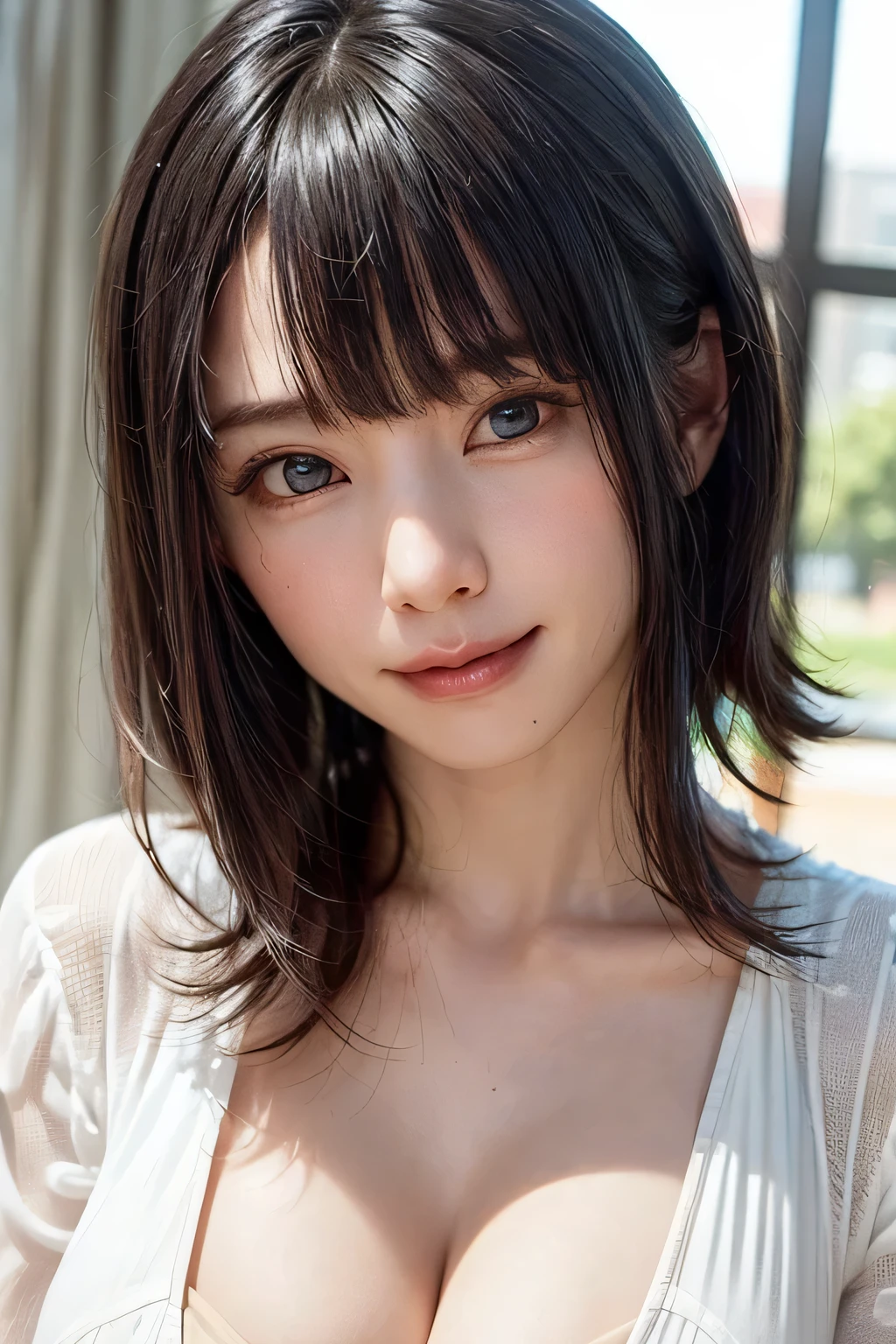 masterpiece, Highest quality, Very detailed, Facing the camera, 複雑に詳細なSuper detailed, Realistic, Sharp features, Very detailed, Sharp focus, Perfect Face, Perfect Face, Perfect symmetrical perfect eyes, Perfect Plump Lips, Flexible female form, Cinematic, Film Light, Super detailed, hyper Realistic, masterpiece, Atmospheric, High resolution, Vibrant, Dynamic Studio Lighting, Browsing Caution, ((Dark Background)), Sexy Face, The expression when receiving pleasure, Straight bangs, Big Breasts, Exposed cleavage, blue eyes,Black sweater, Cowboy Shot,
