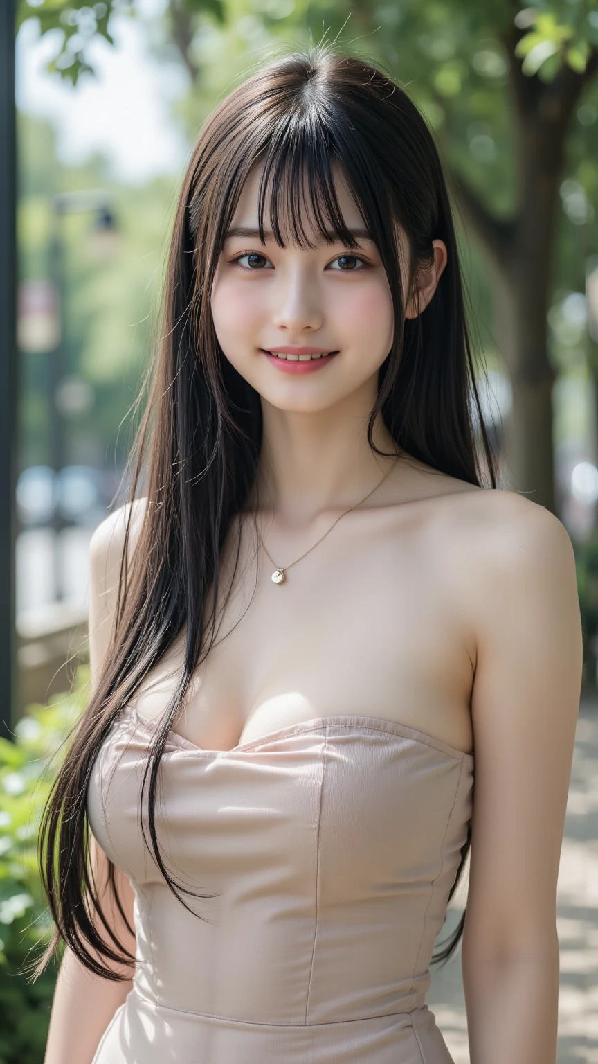 masutepiece, Best Quality, 8K, 20yr old, , Raw photo, absurderes, award winning portrait, Smile, Smile, Solo, Night, neons, Idol face, violaceaess, gardeniass, Delicate girl, Upper body, Digital SLR, Looking at Viewer, Candid, Sophisticated, zora々Right, Thin arms, Professional Lighting, Film grain, chromatic abberation, (Eyes and faces with detailed:1.0), (Bokeh:1.1), cleavage