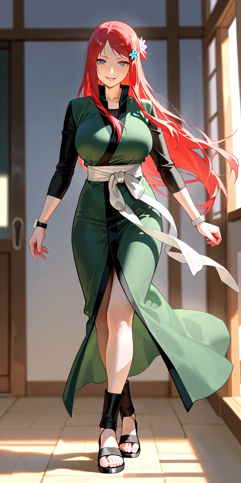 woman, white kimono top, bright green pleated skirt, crimson hairs, high ponytail, sultry blue eyes, seductive smile, huge chest, cleavage, japanese house hallway in background