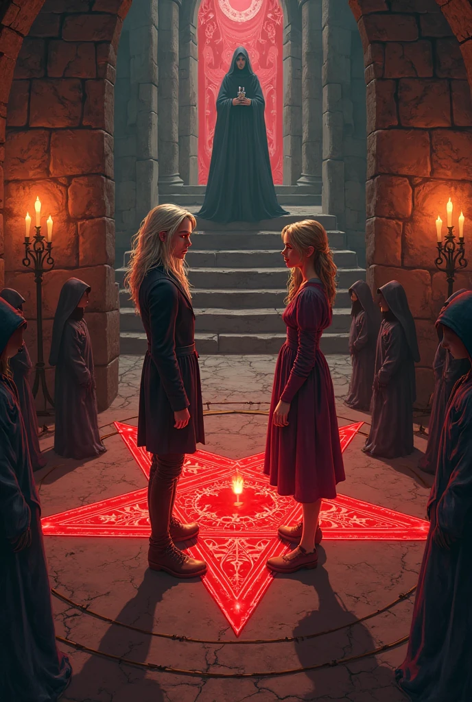 A half body, portrait of 3 girls German children long platinum blonde hair of 12 years, red leather jackets, holding in their hands a cross, background of chains, chain, more chains, many chains, , red, red fire, many background flames.