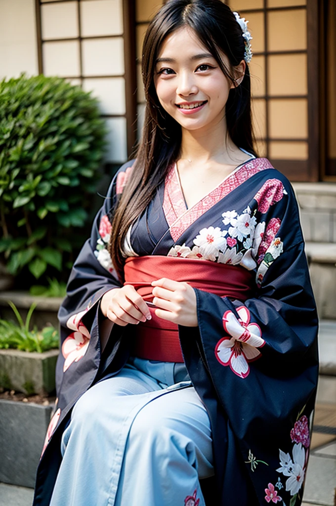 (8K、Raw photography、Highest quality、masterpiece:1.2),(Black Hair、Dark Eyes:1.9),(Flower pattern kimono:1.6)、View your audience,Viewed from the front,White skin,(Three braids:1.3)、(Tight waist:1.6)、(Clothes that accentuate the shape of the breasts:1.0)、(Big Breasts :1.3)、Slim figure、Ultra-high resolution,beautiful,beautiful fece,(One person、No background:1.9),whole bodyボディー,Japanese women,(reality的:1.37)、Photon Mapping,reality、(Baby-faced and cute: 1.4)、(Cute Smile: 1.8)、(Round face: 1.8)、Radio City、Physically Based Rendering、Depth of field rally background、photograph, (I can see your knees、Thigh close-up:1.8),(:1.6),whole body、Great quality