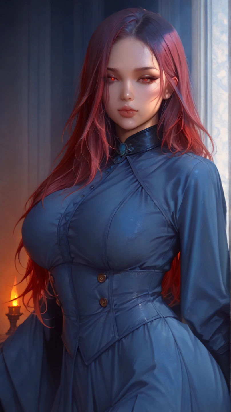 close up, beautiful 25-year-old redhead witch, hourglass figure, small breasts, symmetrical, highly detailed face, mesmerizing blue eyes, lush red lips, enticing enchantress, facing viewer, looking at viewer, dark fantasy, blue smoke swirls around her, real, high detail, best quality