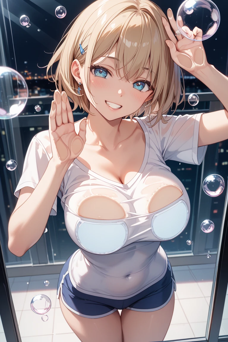 (((One Girl))), blonde, Bobcut, (Cowboy Shot), ((sunglasses, hand to sunglasses)), (View your audience), Focus on the face, teenager, Tilt your head:1.3, (((blue eyes))), ((smile)), ((blush)), Contrasting, Place one hand on hip, (((Exposed Skin))), , (((Pulling her big breasts with rope))), leotard, ((See-through clothing:1.3)), Naked Shirt, , Anime Style, (Highest quality, 4K, 8K, High resolution, masterpiece:1.2, Very detailed, Very detailed eyes, High resolution, 超High resolution, Studio Lighting, Ultra-fine painting, Sharp focus, Physically Based Rendering, Very detailed説明, Professional, Vibrant colors, Bokeh)、Excited、Heavy breathing