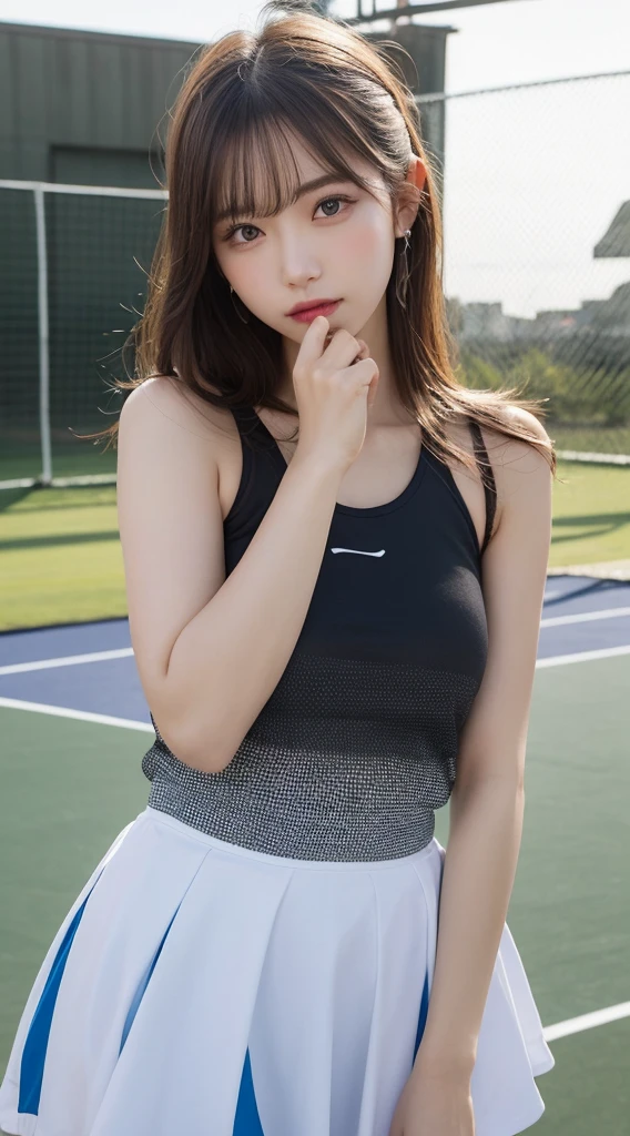 A beautiful woman in tight gray shorts and a white vest poses on a tennis court, tightsuit, Slim waist and thick hips, Big breasts Thin waist, Waist fit, back stance, Skinny woman, healthy woman, Fits the body, Medium Shot Shot, exposed waist!!!, Bare with thighs!!!, Skinny blue T-shirt, Waist circumference - shooting, Almost thin man, tight business suit, Photo fit, wearing simple, Tight clothing, Strike majestic hot poses