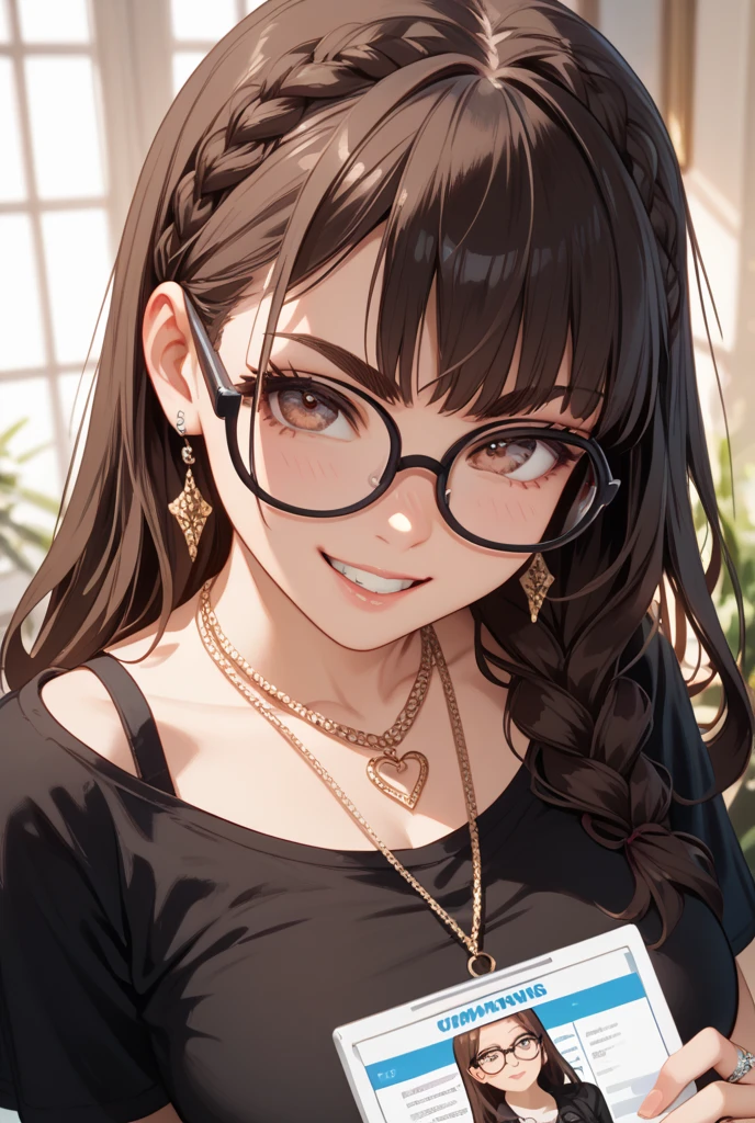 anime girl sitting on a couch with a laptop and a book, with glasses, seductive anime girl, master piece, best quality, ultra-detailed, High, 4k),(beautiful detailed eyes),(very detailed face),(1 girl),HDR,long hair, Phone, brown eyes, brown hair, cell phone, bracelet, jewellery, watch, plucked lips, ground focus, nail polish, smile, wristwatch, realistic, blurry, Looking at Viewer, sweat, glasses, cuteness, hand on the lips, black tank top, cool, cool pose, naked