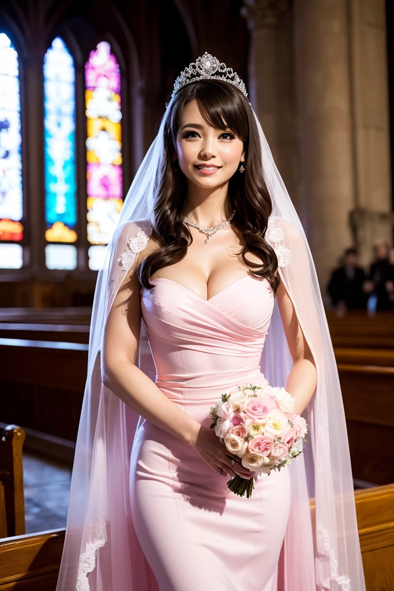 Big hair but with bangs that cover the forehead, white, with red wedding dress and a bouquet, beautiful makeup, and with some butterfly tattoos on his body Unique place in the church