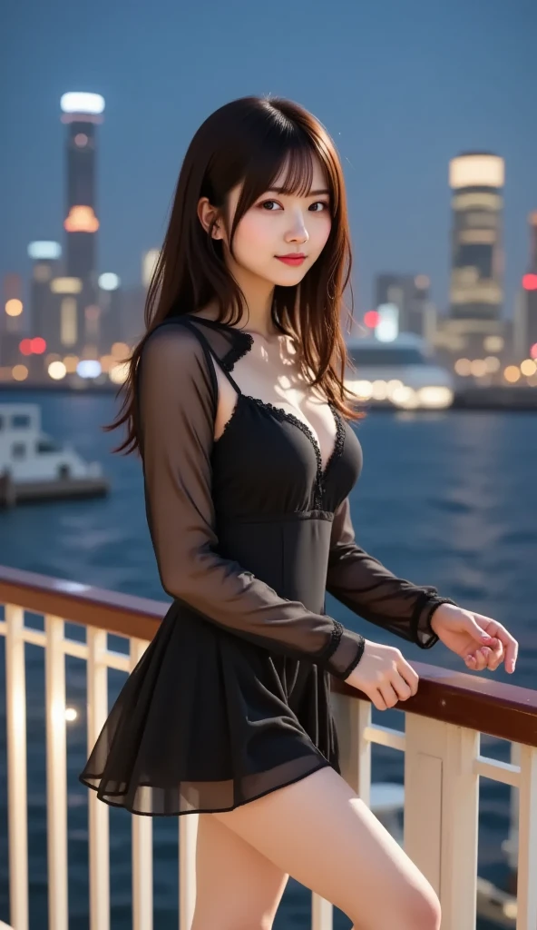 masterpiece, smiling woman sitting against city background, 16K, beautiful asian woman sitting, perfect anatomy, looking at camera seductively, Japan girl, asian, Japan woman, gorgeous Japan woman, beautiful asian woman, asian girl, full body, smiling Japan goddess, graceful seduction pose, gorgeous female jade tailor, She is wearing a sexy black dress with a fit body, perfect human body structure, realistic and beautiful eyes, surreal, night view of modern buildings with careful attention to detail, photos taken in perfect perspective, realistic skin, natural jaw-to-neck line,