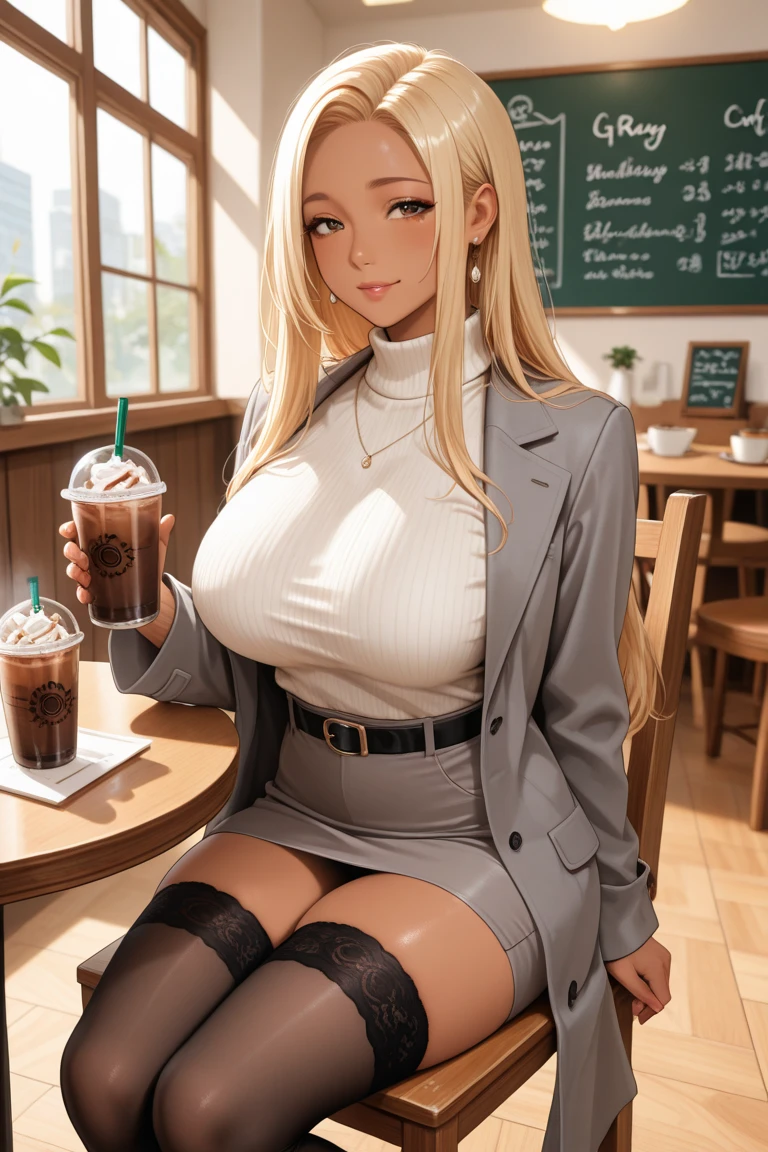 ((masterpiece, best quality:1.4)), illustration, 8k, hd, cowboy shot, anime style, detail face, detail eyes, rich girl, cafe, brown shirt, brown coat, brown trousers, (massive boobs), long white hair, brown eyes, mature, sad, ((lifeless eyes, bland eyes)), depressed, crying