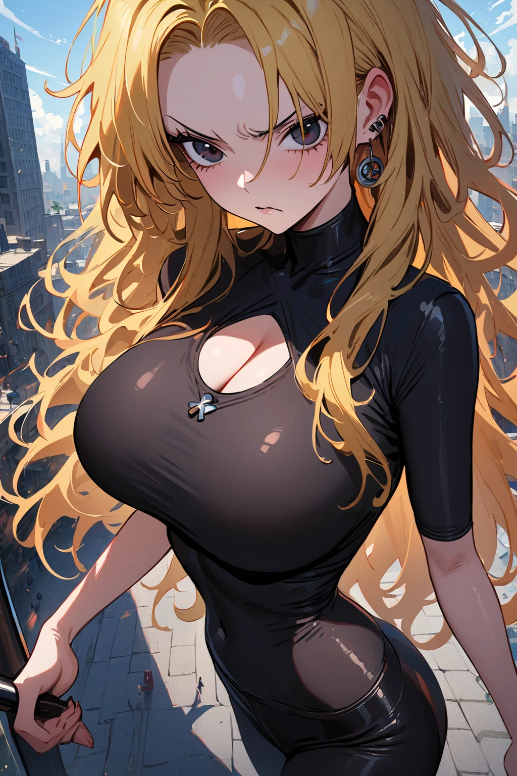 masterpiece, best quality, extremely detailed, 1girl, milf, solo, {siege_arknights:1.10}, huge breasts, (((animal_ears, lion_ears, (blonde_hair), long_hair, yellow_eyes, slit pupils))), parted lips, (((latex bodysuit))), fangs, (destroyed buildings) , no cleavage