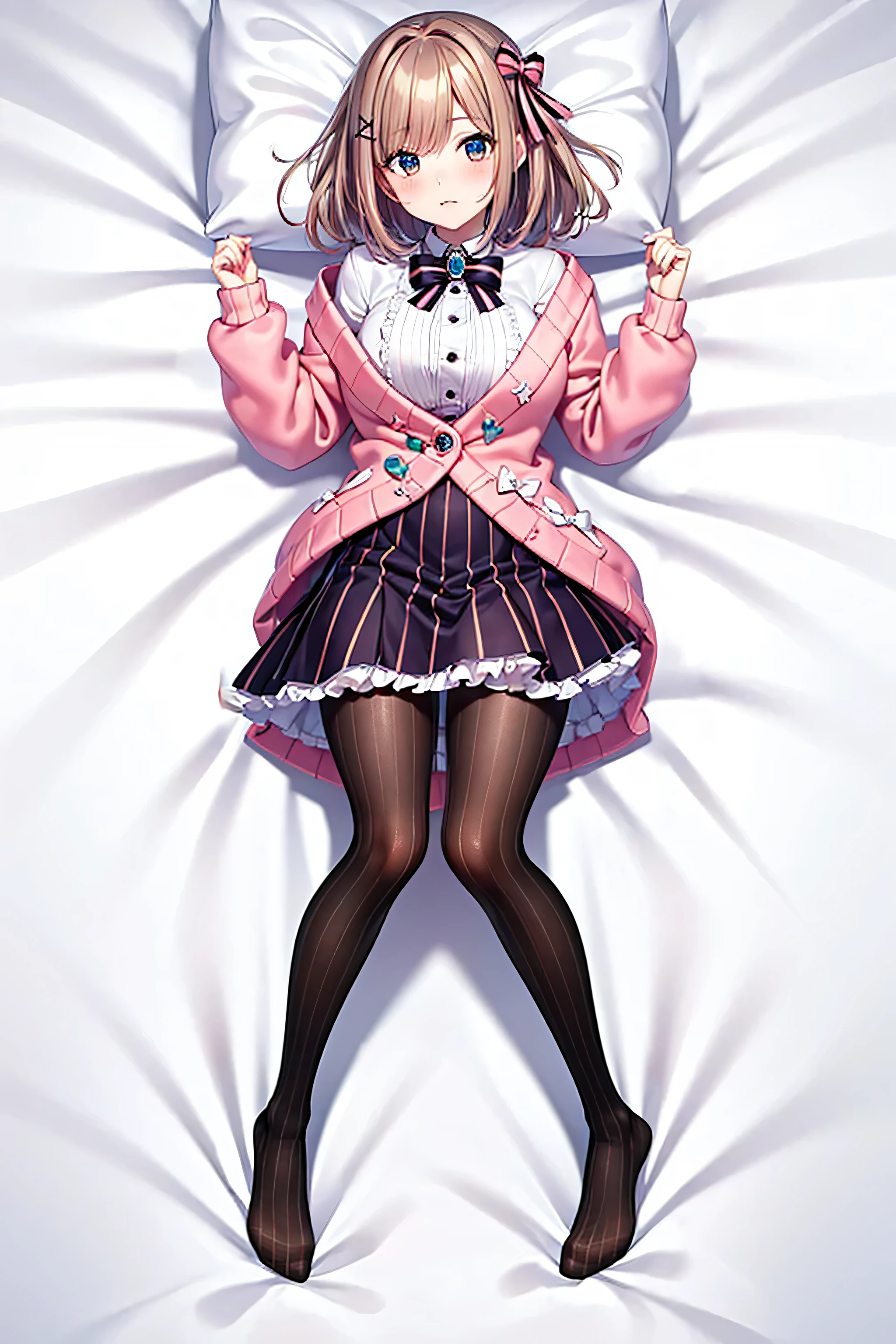 hmsl1, (1 person:1.5), Suzuhara Ruru, medium hair, pink bow, chest, jewelry, pink cardigan, brooch, white shirt, Vertical striped mini skirt, vertical striped pantyhose, embarrassing, Red cheeks, Seducing Men, white sheets, Lie on your back, Full Body, 8 heads