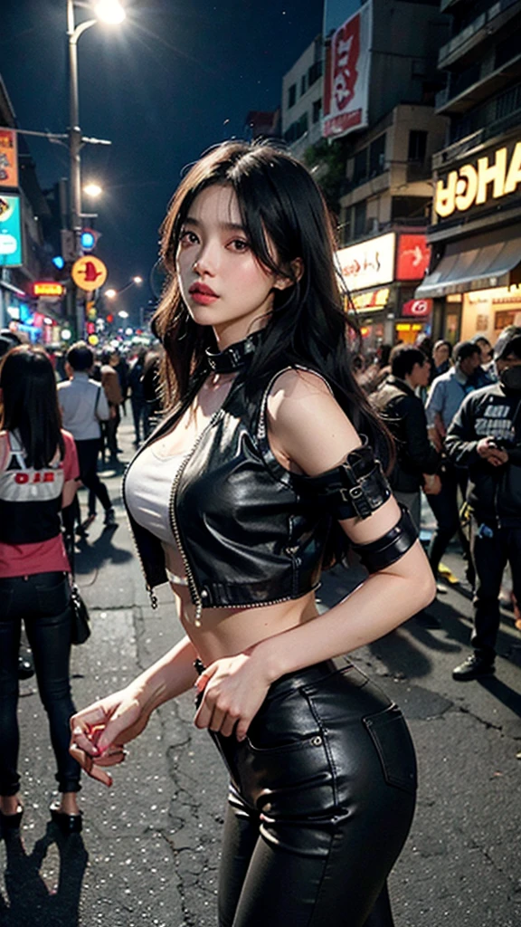 3girls breasts((cool expresion)), steampunk gang potrait medium shoot foto, A young tall sexy body korea female, wearing sexy croptop collared shirt, steampunk outfit, outdoor background broken city. and 5girl crew, selfie photo,big breast, white skin. sexy pose, no show breast