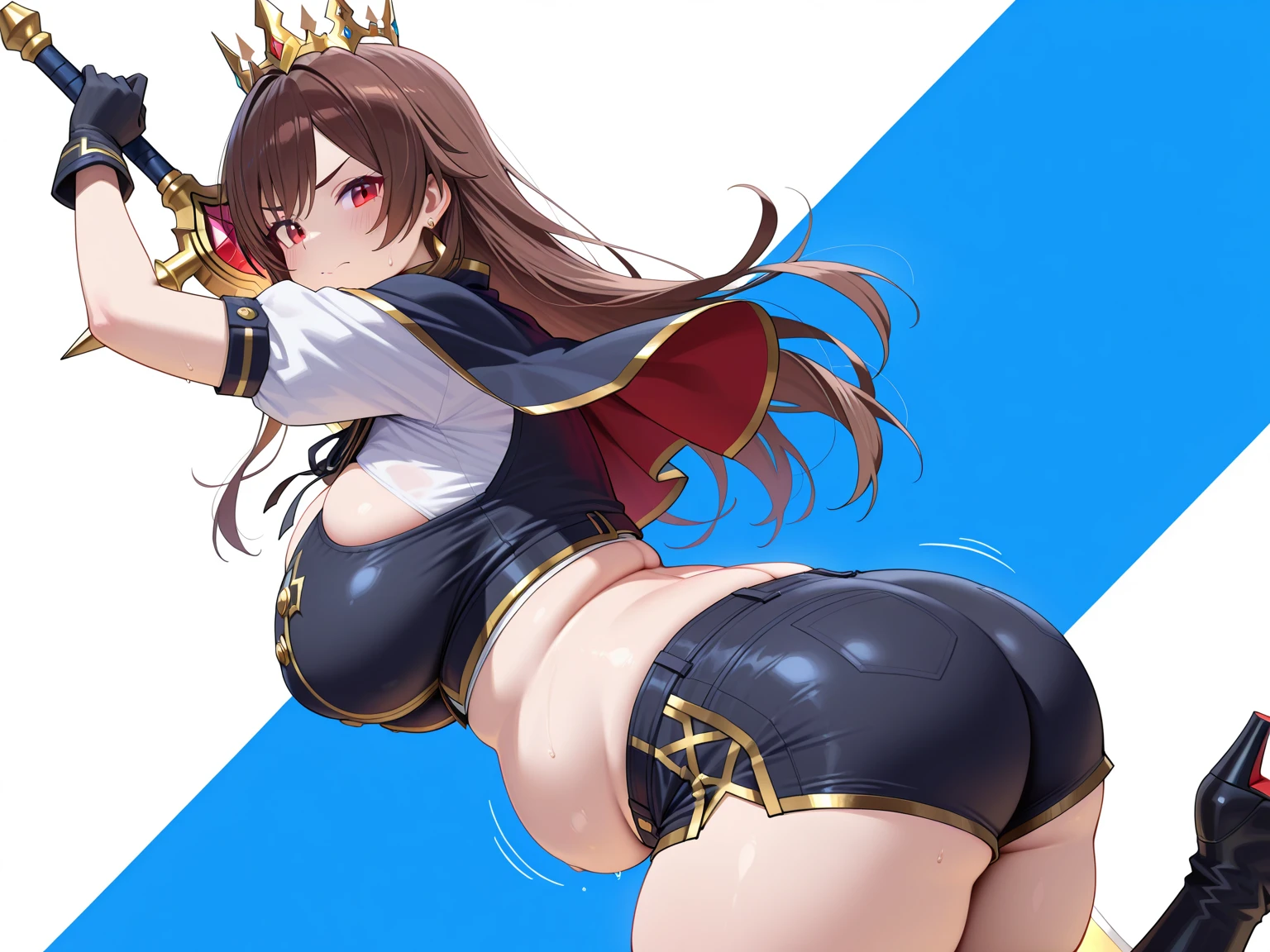a girl using blue magic,amber genshin impact,(jk huge tits),milf,mature female,curvy body,good detail,one eye closed,giga size,taller then a mountain,looming over a city,destruction,magic,mystical,beautiful,seductive smile,temptation,shining eyes,shadow over city