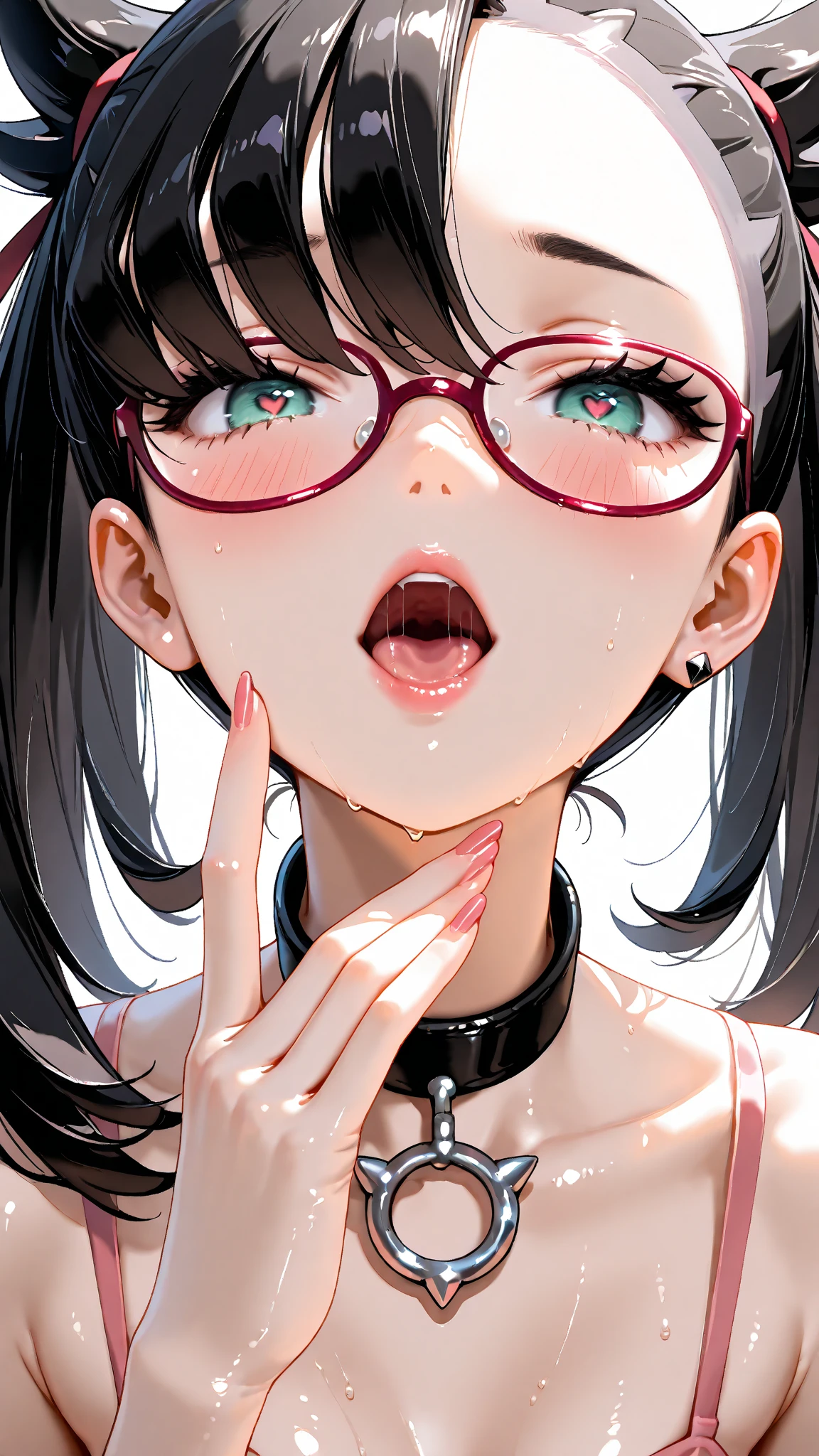 Erotic armpit Delighted women blowjob glasses black hair close up of face naked Eyes are black Sweat