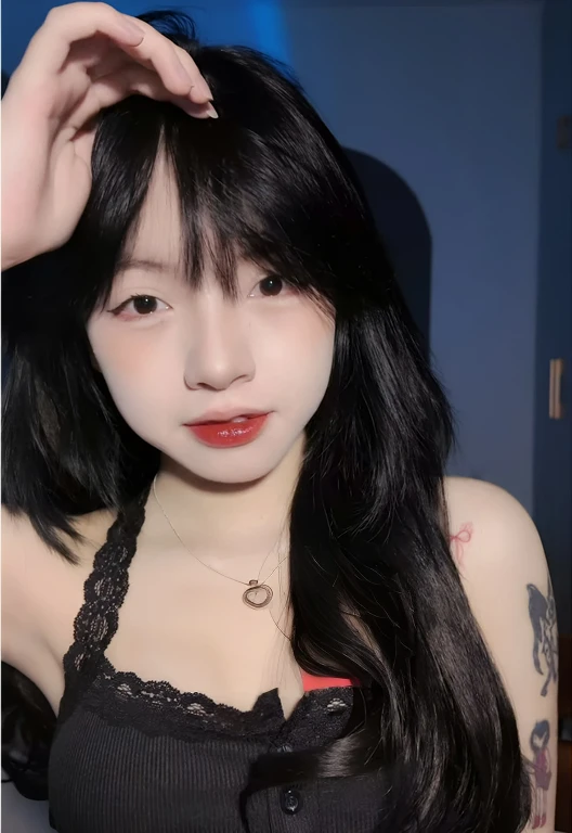 araffe asian woman with long black hair wearing a red and black striped top, cruel korean goth girl, taejune kim, korean girl, with black pigtails, japanese goddess, hong june hyung, seductive anime girl, anime vibes, thicc, chiho, heonhwa choe, sakimichan, ayami, asian girl, thick lips