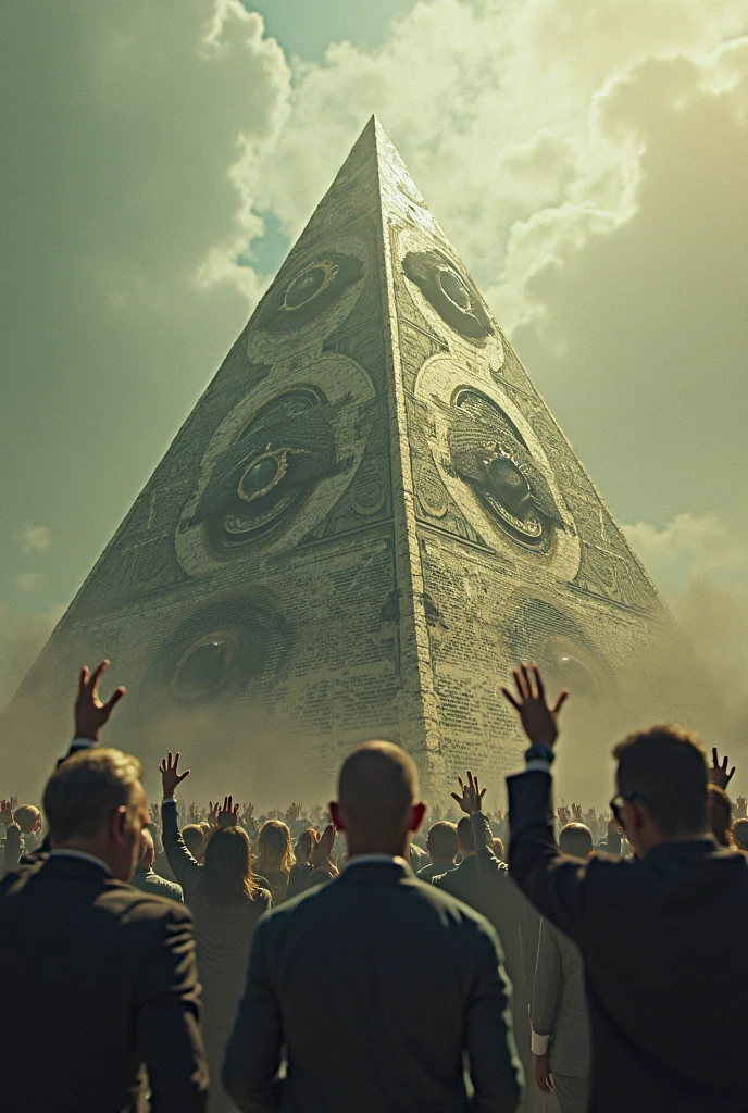 blurred image of a man in a suit and tie in front of a pyramid with a statue of a man on it, iluminado, secret iluminado cabal, iluminado symbol, Trump rezando em mesquita, the eye of providence, conspiracy theory, ( todos vendo olho ), conspiracy, alien trump, Sociedade secreta, all - seeing eye, todos vendo olho