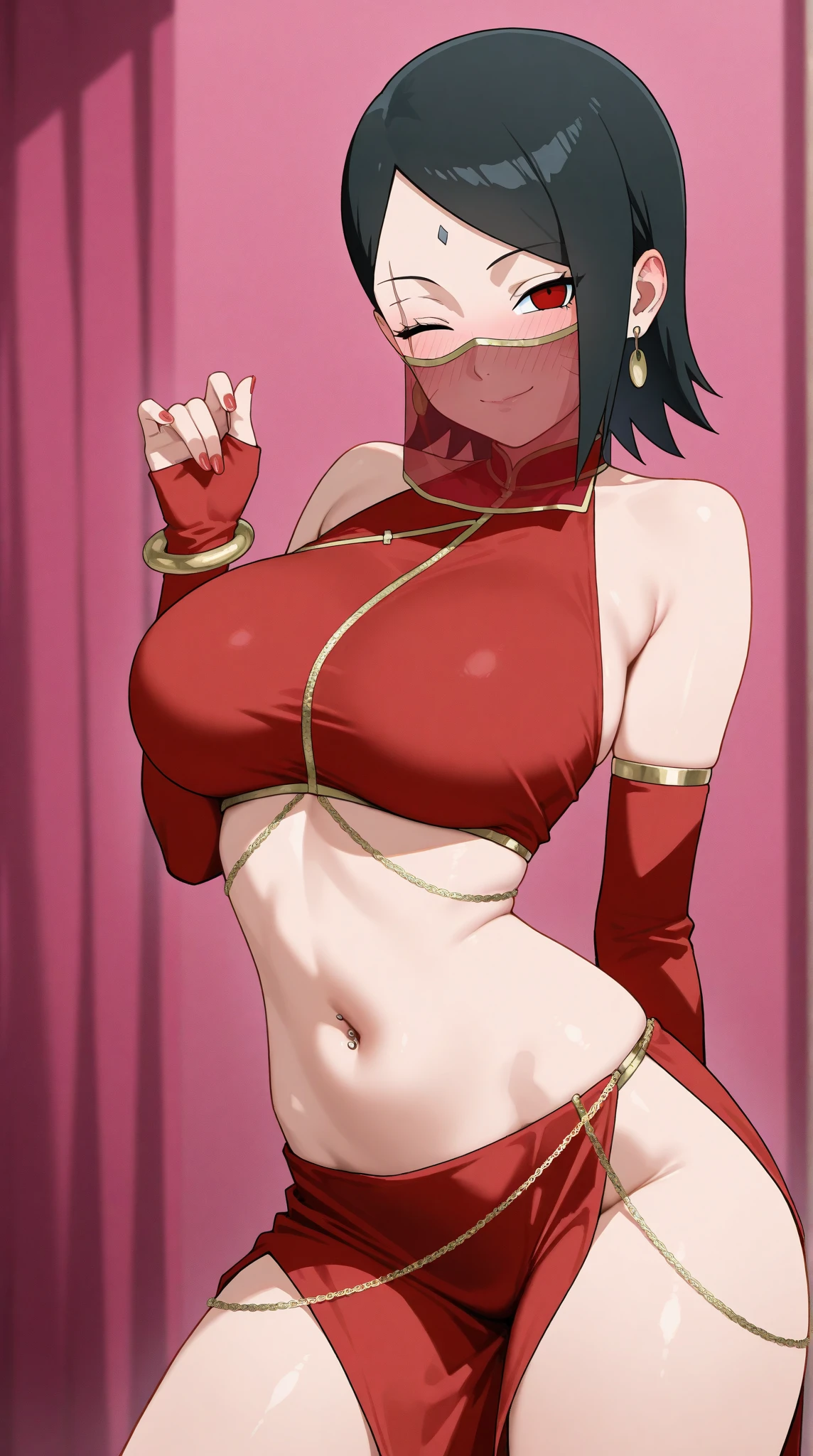 Super detailed illustrations、seductive smile、masterpiece、highest quality、ultra high resolution、high resolution、(Sweat、body fluid)、shiny skin、black hair、very short hair、color red eyes、red chinese dress、sleeveless、Standing picture、hot pants、put hands behind head, armpits, armpits visible, very large breasts, looking at viewer, cleavage