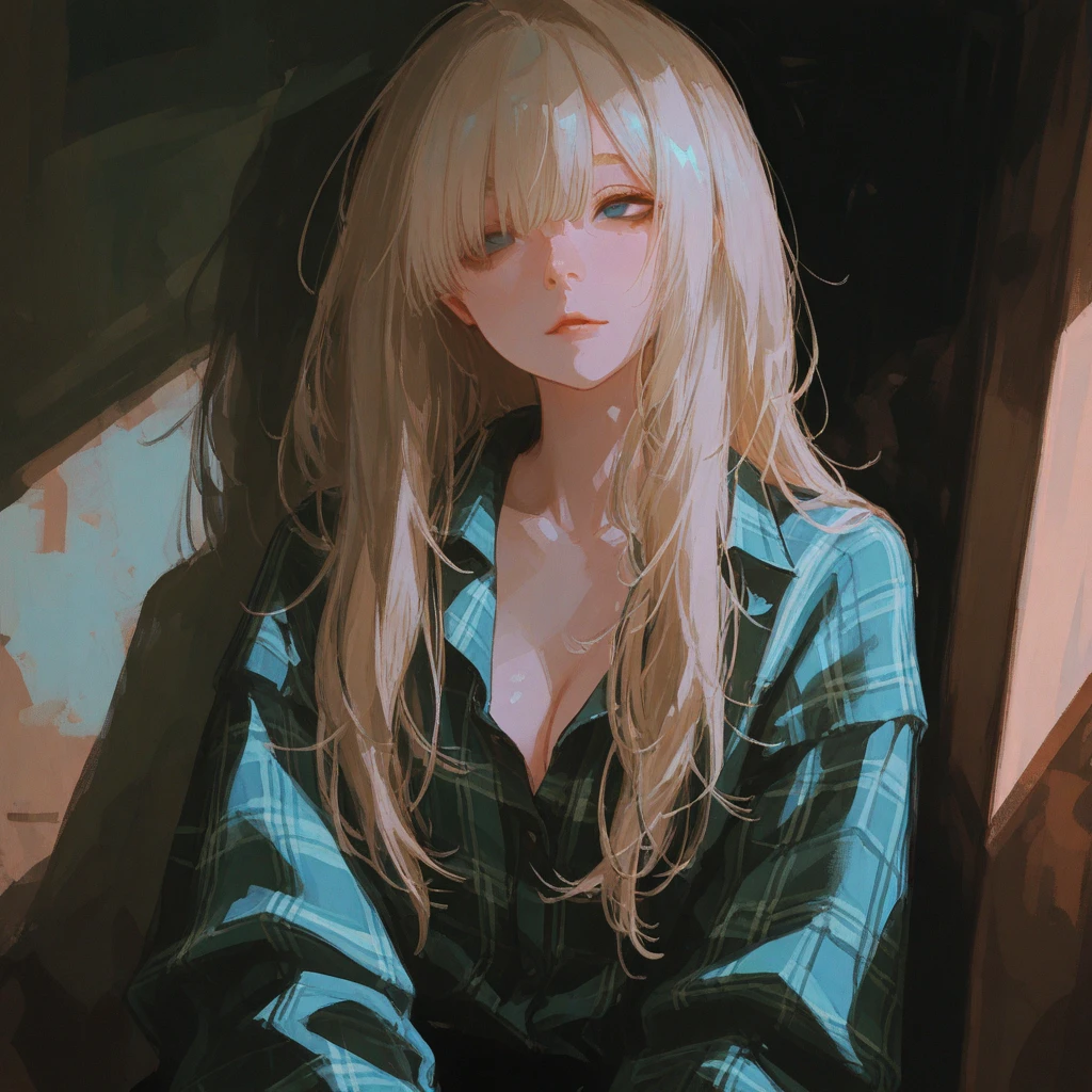 score_9, score_8_up, score_7_up, score_6_up, score_5_up, score_4_up, fkey70, A blonde girl standing, hyperrealistic anime painting, modern clothes, anime painting, loose long hair, black background, dramatic diagonal lighting, painterly, realistic painting, soft feature, detailed clothes, detailed, rembrandt lighting,