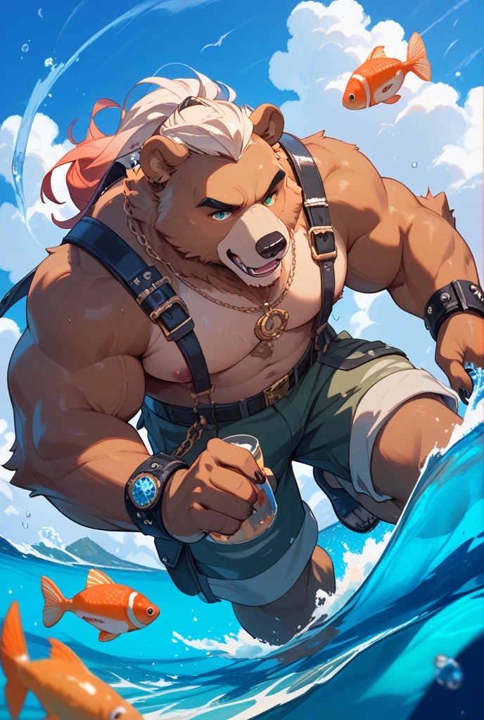 a huge muscular furry polar bear old man swimming in sea, huge shoulder muscle , shirtless, muscle, strong man, huge muscle, huge white fur, short hair, bearded, white hair and beard, huge white fur, wrinkles skinned, black short trunks, strong muscle, strong and intimidated, masterpiece, muscular, commission for high res, male, fantasy art, very very beautiful art, art painting , painting art