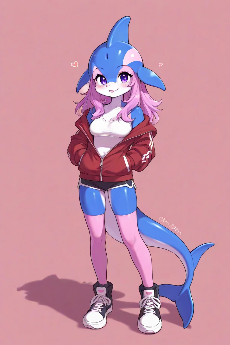 Shark girl, anthro, cute hair, long ponytail, two tone hair, blonde hair, pink hair, blue eyes, medium breasts, detailed body, furry ears, sleeveless blue jacket, open clothes, black micro bikini, masterpiece, looking at you, two tone body skin, gray body skin, clear gray body skin, detailed face, detailed eyes, detailed body, simple background, white background, detailed hands, glistering body, shiny body, skinny, spectacular effect, goggles, fangs, :3, full body, cute stance, feets whit three toes,