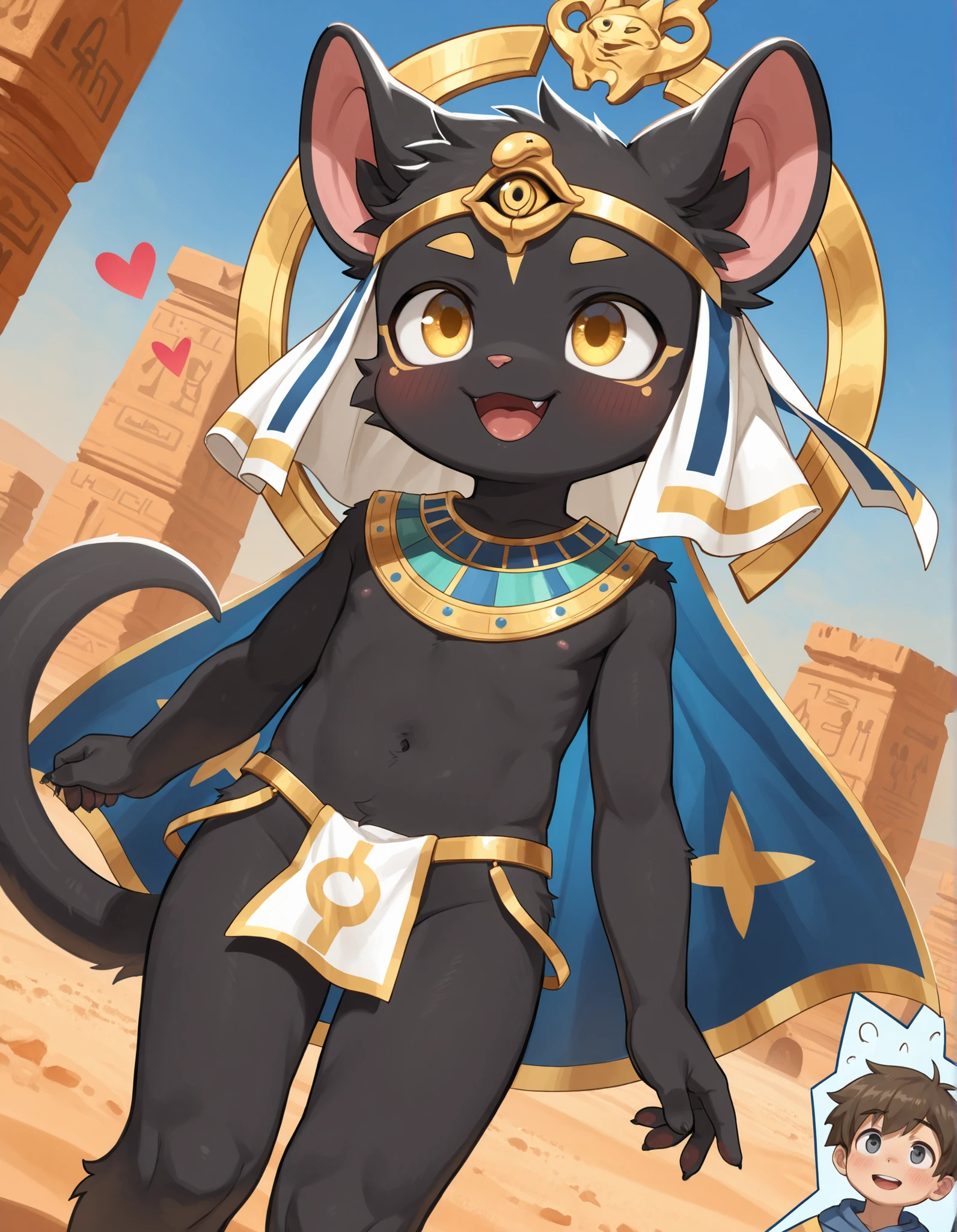 (epic, dynamic angle)top quality, best quality, High-quality , (kemono, super handsome 1boy, solo focus)(7 years old boy, furry anthro)(highly detailed beautiful face and eyes)absurdres, perfect anatomy, smile, happy, dynamic angle, Best image quality, 4K, masterpiece, Teenager, black dog boy, Anubis, anubis boy, black fur skin, red eyes, innocent boy, Cute and soft, young, Sacred Eye, Beautiful Hair, View Lens, Face Focus, smile, Delicate facial features, Front lighting, Front light source, Portraiture, Cute feeling, Excellent posture for capturing, Portraiture, male furry cub, tail, dynamic angle, open mouth, minuscule Egyptian antique clothes, cute sexy and almost naked, egypt adorns, (detailed desert background),Kemoshota,(masterpiece,best quality), (beautiful contrast of Light and shadow), almost Naked, furry boy, (blush),a smile, flaccid, small tiny phimosis dick, cute boy, naked boys, boys love, heart, open legs, lying, close-up groin