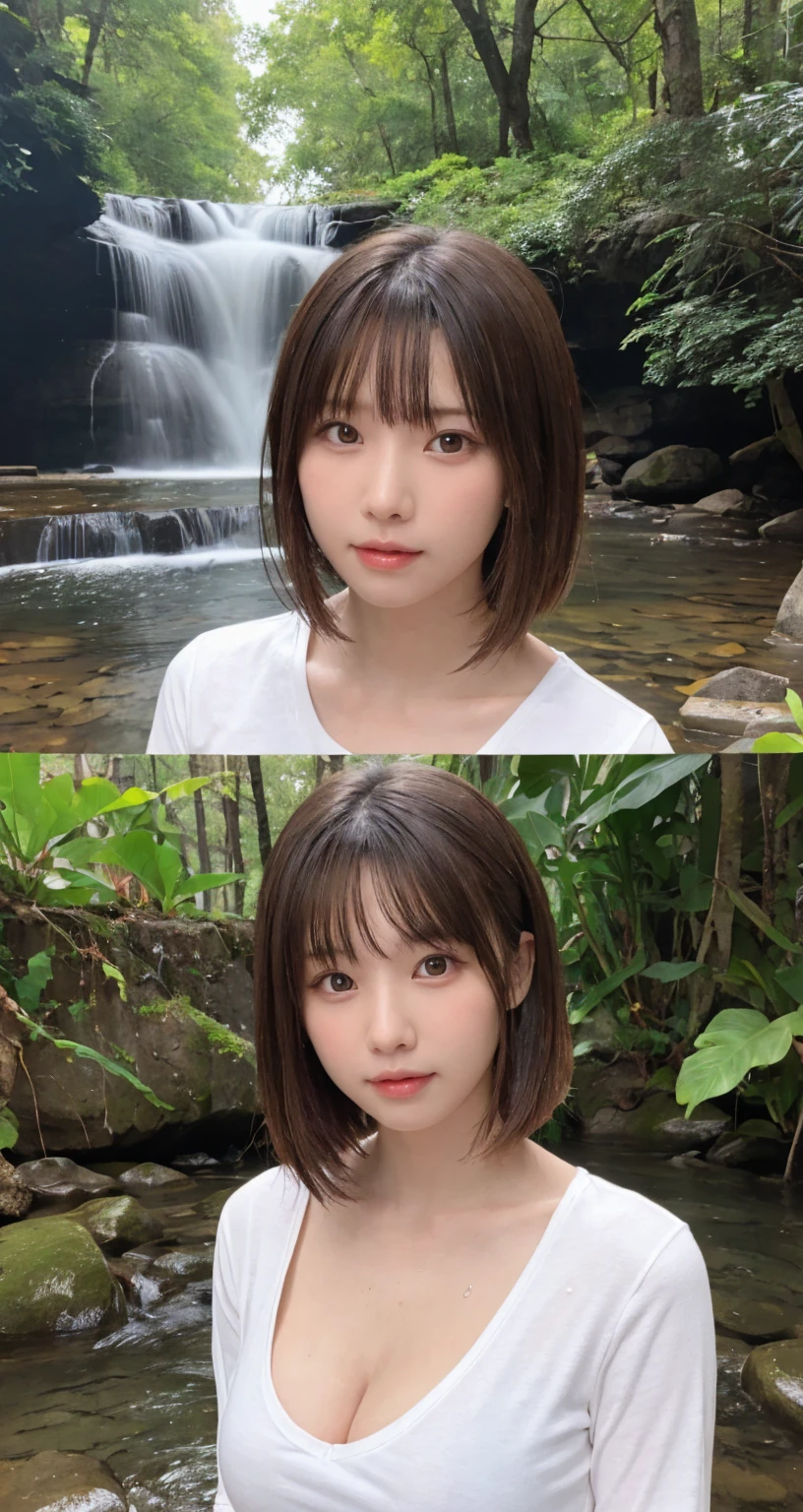 One Girl, (Beautiful girl, Delicate girl:1.3), (16 years old:1.3),
break, (Plain T-shirt:1.2),
break, (Small waterfall background:1.2),
break, Very beautiful eyes, (Symmetrical eyes:1.3),
break, (Big Breasts:1.3), Brown eyes, Parted bangs, Brown bob cut hair, Round face, cute,
break, (Eye and facial details:1.0),
break, (masterpiece, Highest quality, Super detailed, Detailed face, 8K)