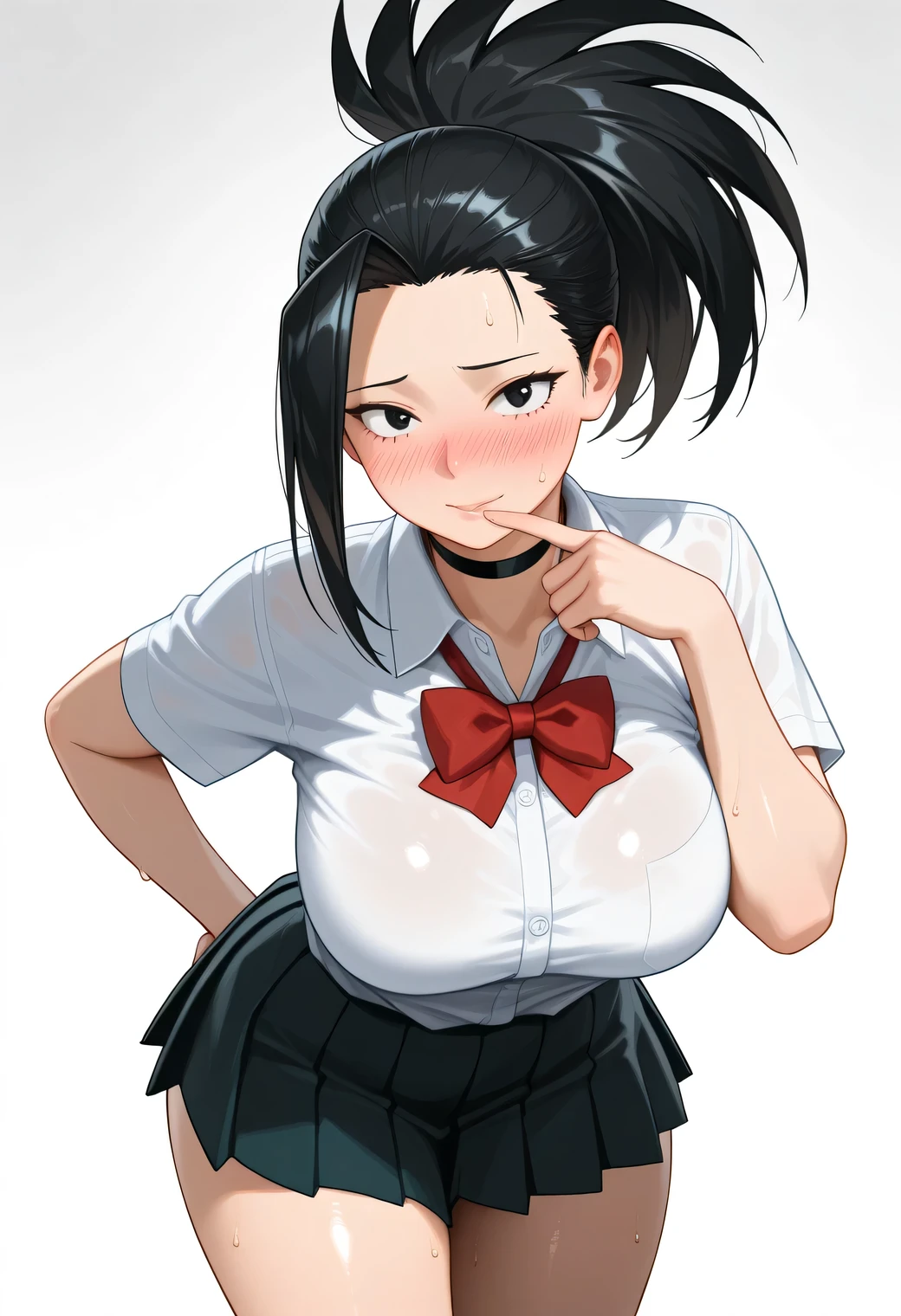 nose blush, shiny legs, shiny body, shiny hair, clear skin, clear body, short hair,,, standing, (masterpiece), best quality, expressive eyes, perfect face,1girl,(large breasts), sweat, sweaty, sweaty:1.3, nose blush, looking at viewer,, nice legs,, posing, yaoyorozu momo, long hair, bangs, black hair, ponytail, black eyes, high ponytail, wide ponytail,  tight clothes,,, COWBOY SHOT,, SOLO, thick thighs , soft glossy skin , detailed shading , soft light , realistic anime style , ultra-detailed , 8k , masterpiece , highly detailed ,, , VIEW FROM FRONT , , black choker ,, hourglass figure , large bust and wide hips ,, standing confidently in a seductive pose , POSING , OPAQUE CLOTHES , covered breasts , , thigs , side view,        , NOSE BLUSH, STRONG BLUSH, HARD BLUSH, bare thigs, wearing a white button-up shirt with an red bow and matching red scrunchies, black pleated skirt, blushing with a shy expression, finger near lips, slightly bent forward pose, detailed shading, soft lighting, white background, cowboy shot, school uniform inspired outfit, high detail, expressive anime illustration

