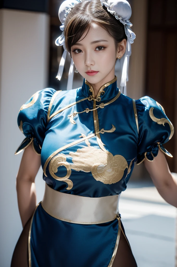 Chun-Li from Street Fight II,perfect chun li costume,Blue cheongsam with gold lines,Bun head,bun cover,fighting pose,masterpiece、1 beautiful girl、fine eyes、puffy eyes、highest quality, 超High resolution, (reality: 1.4), movie lighting、Japanese、asian beauty、Korean、super beautiful、beautiful skin、body facing forward、close up of face、(超reality的な)、(High resolution)、(8k)、(very detailed)、(美しくfine eyes)、(Super detailed)、 (wall-)、detailed face、bright lighting、professional lighting、looking at the viewer、look straight ahead、slanted bangs、Nogizaka Idol、korean idol、masterpiece, highest quality, masterpiece, highest quality, perfect face, perfect brown eyes with white sclera, bad move-5, alone, 1 girl, Upper body, brown hair, From SF2, Chinese service, smile, muscular woman, blue clothes, pantyhose, pelvic curtain, Puffy short sleeves, Good cover, sash, evaluation:safety