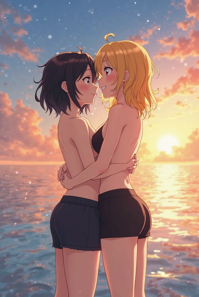 masutepiece,hyper quality, Hyper-detailing,Perfect drawing,nffsw,3D,8K,illustratio、Hi-Res、(((Two beautiful girls)))、The bikini、swim wears)、(Sitting on the breakwater)、Close your eyes、((French Kissing))、the setting sun、Horizon、shores、Back lighting、Sparkling water surface、beatiful backgrounds、Accurate drawing、Detailed drawing