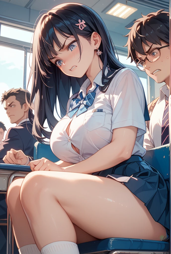 anime character、Long black hair、Wearing a skirt、Neat beautiful girl、Large Breasts、high school student、Multiple men undress、crowded train、A man is rubbing her nipples、The girl&#39;s face is flushed with sexual excitement、I&#39;m excited and my nipples are erect、The girl spreads her legs、A man is kneading her clitoris、Underwear is taken off、Love juices flowing down her thighs、The skirt is rolled up to the abdomen、A man inserts his finger into a girl、highest quality、masterpiece、Become familiar with、Perfect Face